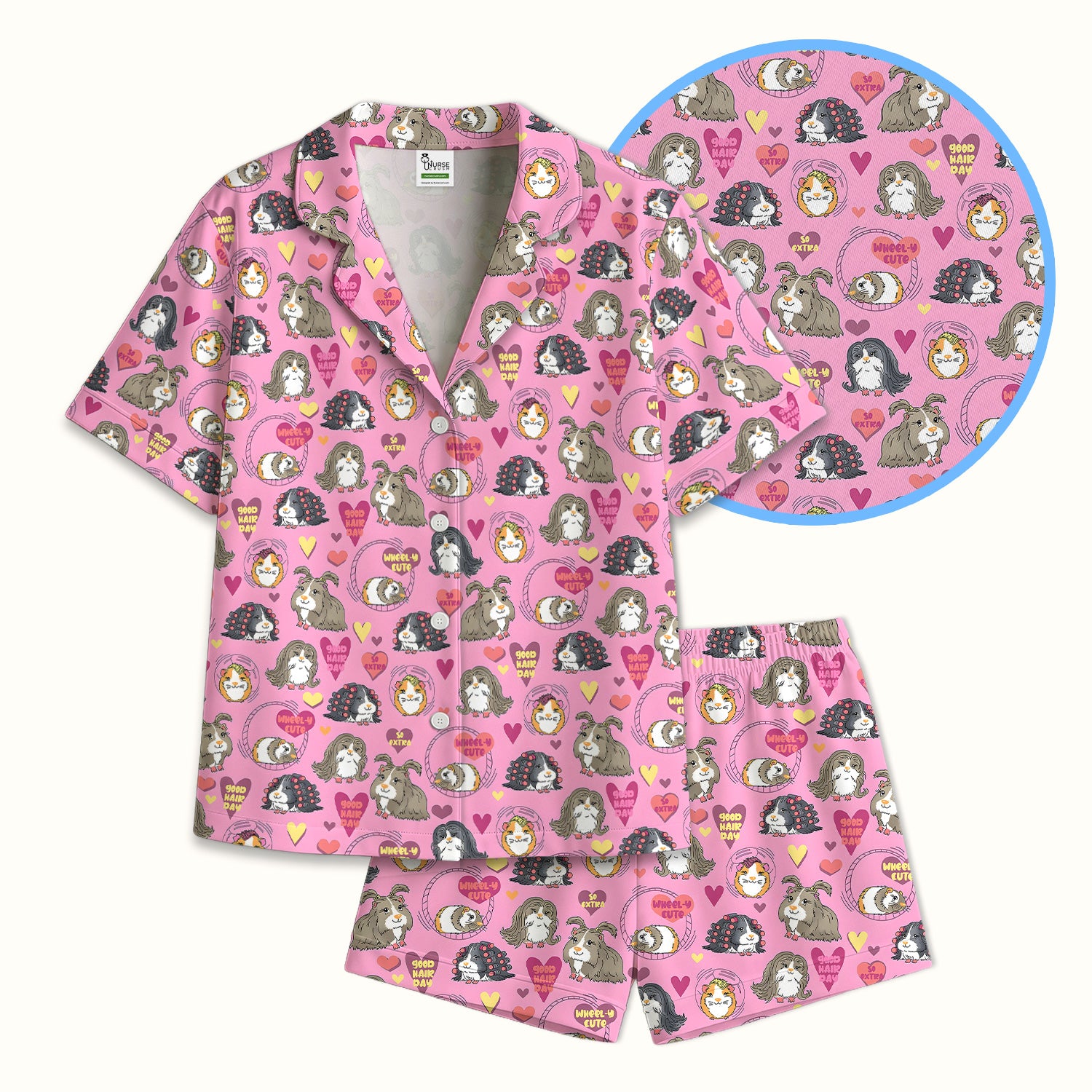 Cute Guinea Pig Heart Pattern Pajama Set, Soft Breathable Fabric Comfortable Sleepwear