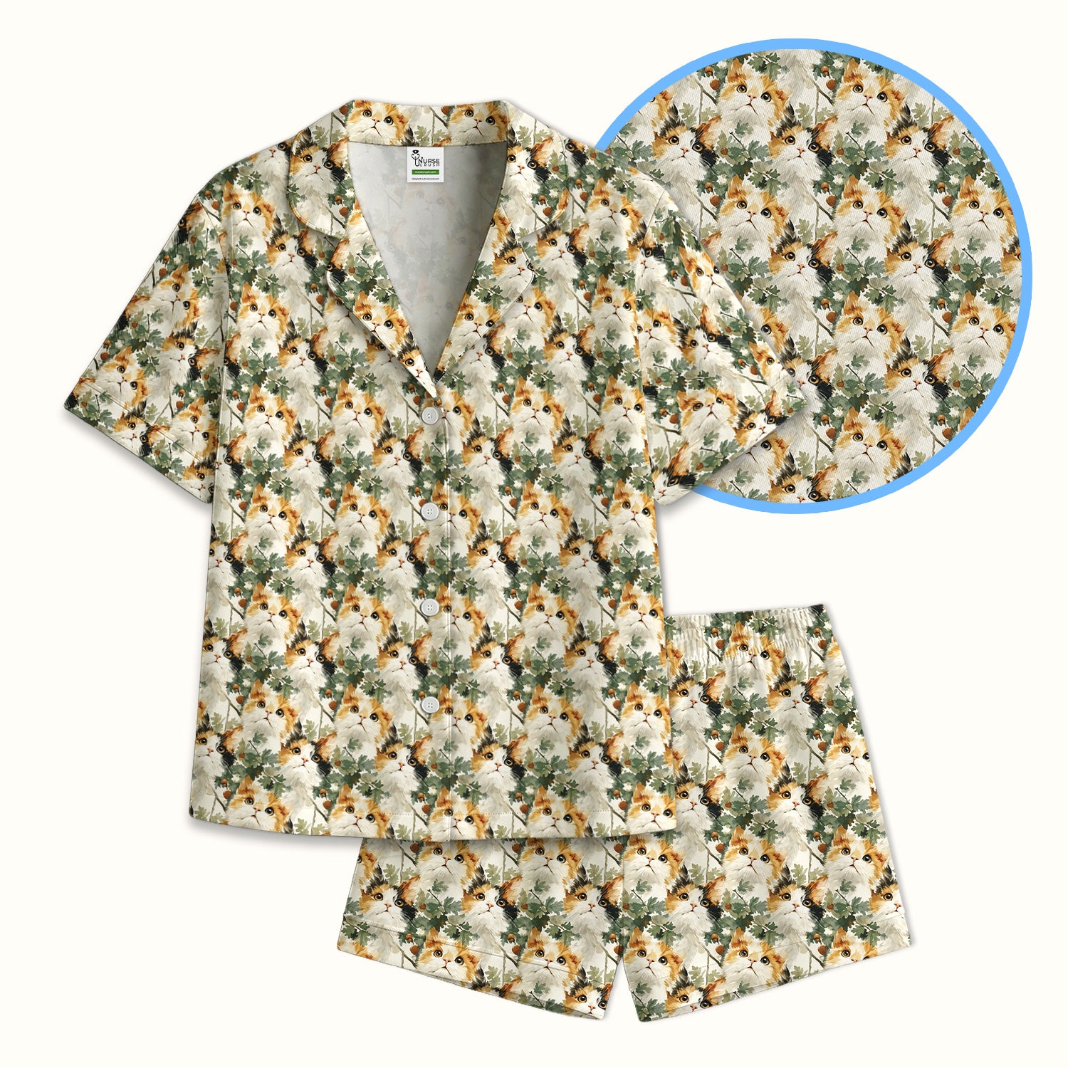 Fluffy Calico Cat Oak Leaves Pattern Pajama Set, Soft Breathable Fabric Comfortable Sleepwear