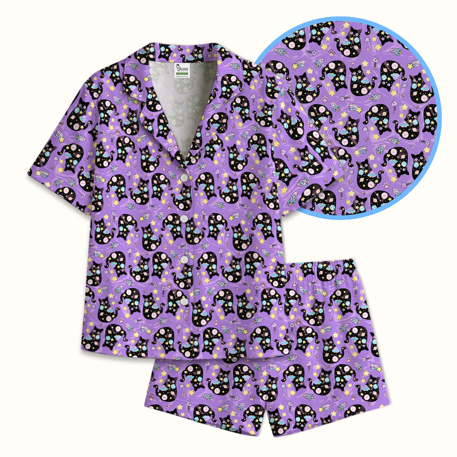 Galaxy Black Cat Space Pattern Pajama Set, Breathable Fabrics Uniform