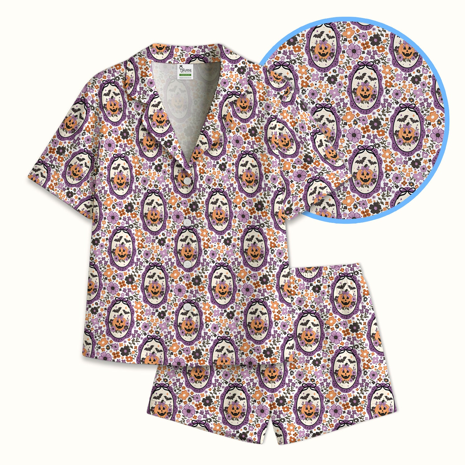 Halloween Pumpkin with Floral Print Pajama Set, Soft Breathable Fabric Comfortable Sleepwear