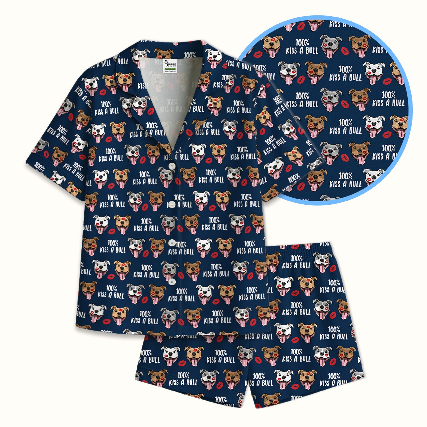 Kiss A Bull Pitbull Print Pajama Set, Soft Breathable Fabric Comfortable Sleepwear