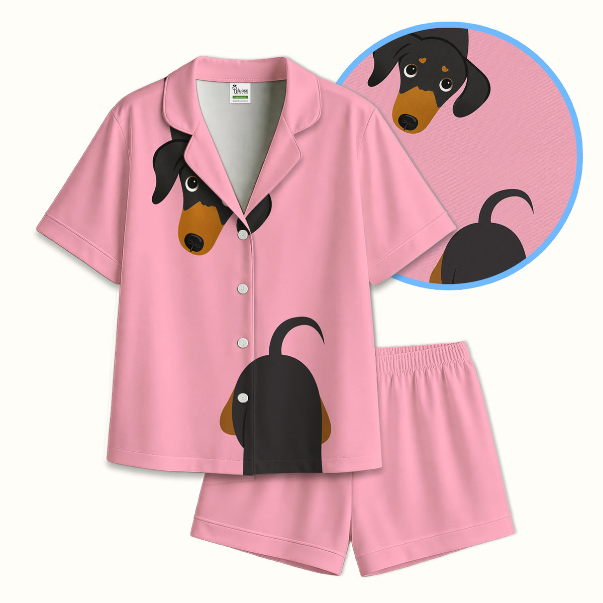 Cute Peekaboo Dachshund Dog Pajama Set, Soft Breathable Fabric Comfortable Sleepwear