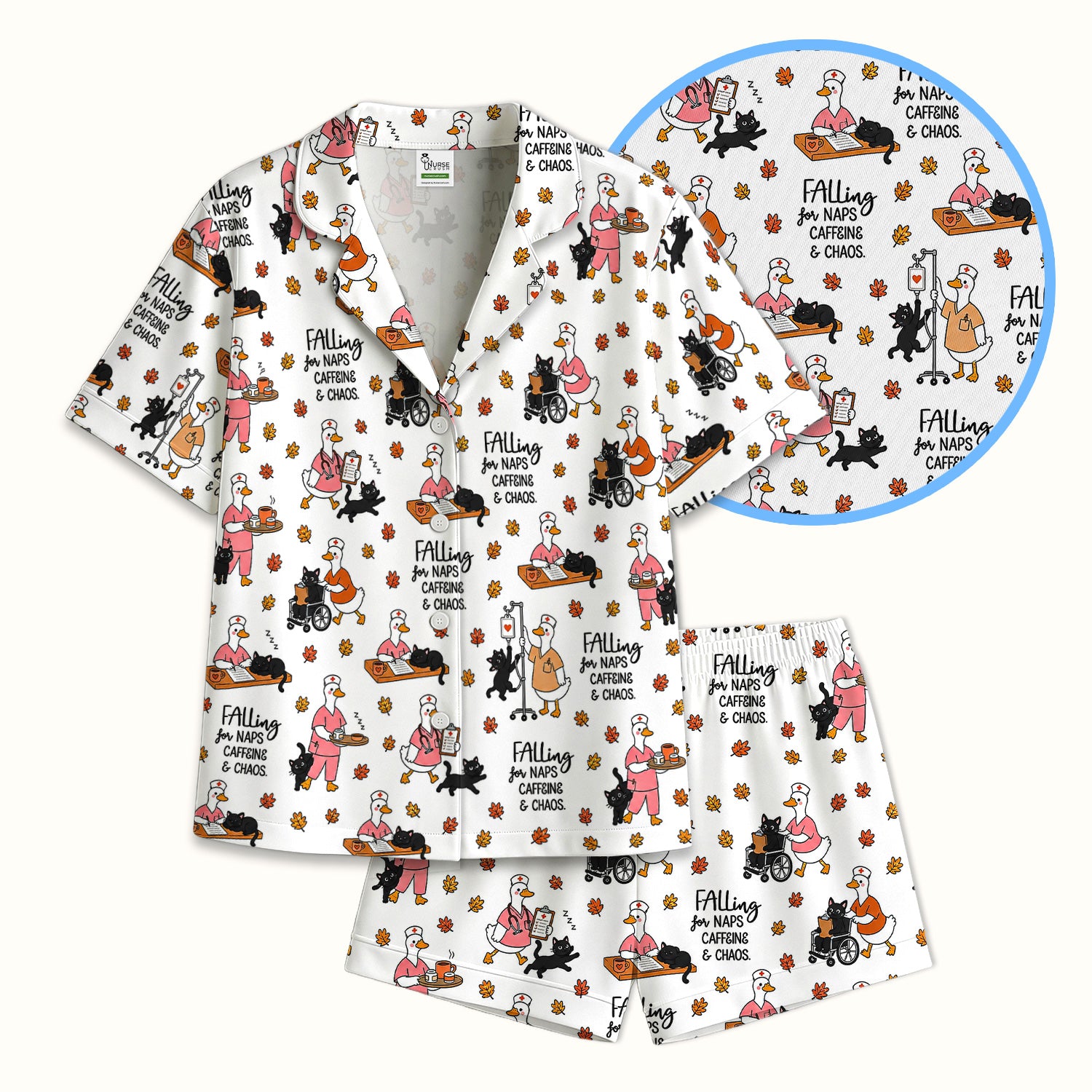 Funny Fall Nurse Goose And Black Cat Pajama Set, Soft Breathable Fabric Comfortable Sleepwear