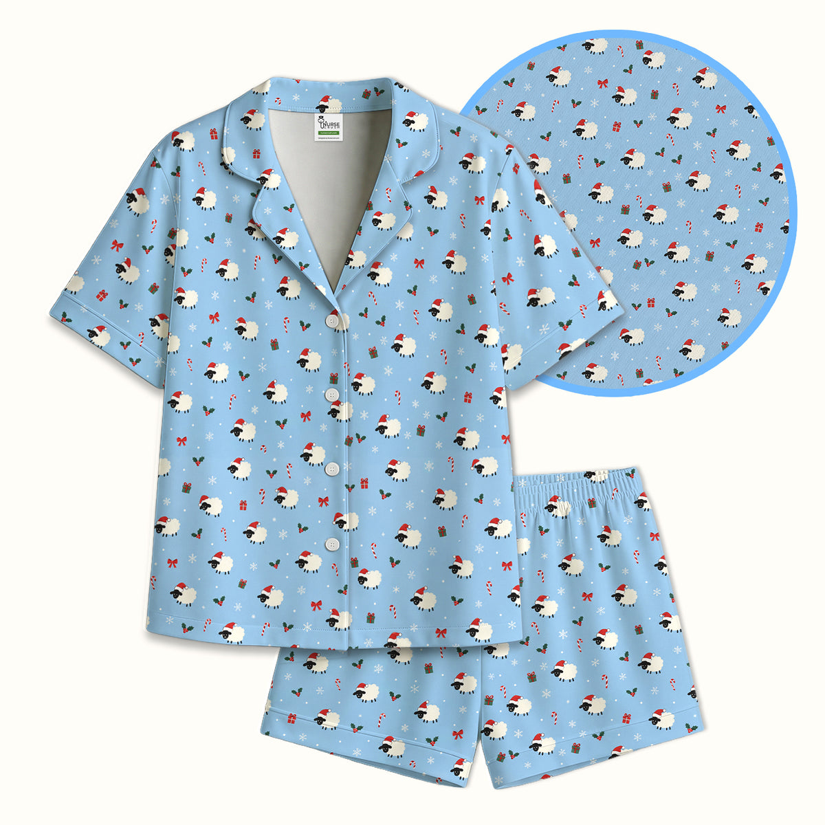 Cute Christmas Sheep Pattern Pajama Set, Soft Breathable Fabric Comfortable Sleepwear