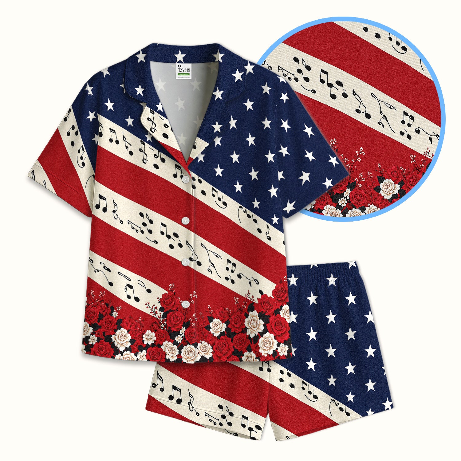Patriotic Music Notes Nurse Scrub Top for RN, CNA, Healthcare Workers, Floral USA Uniform Pajama Set, Soft Breathable Fabric Comfortable Sleepwear