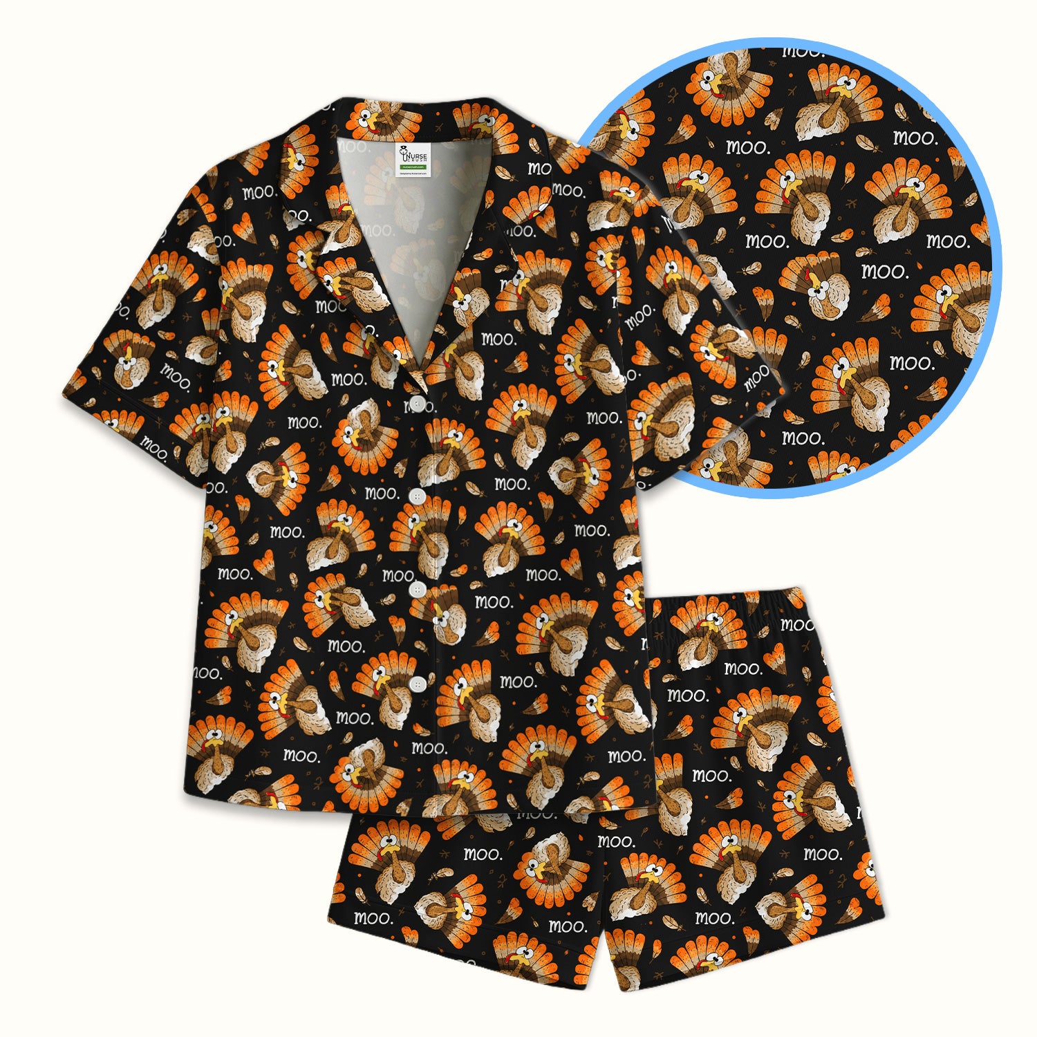Funny Thanksgiving Moo Turkey Pajama Set, Soft Breathable Fabric Comfortable Sleepwear