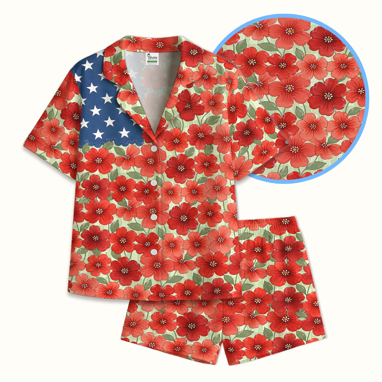 Patriotic USA Flag With Red Floral Blossom Pattern Pajama Set, Soft Breathable Fabric Comfortable Sleepwear