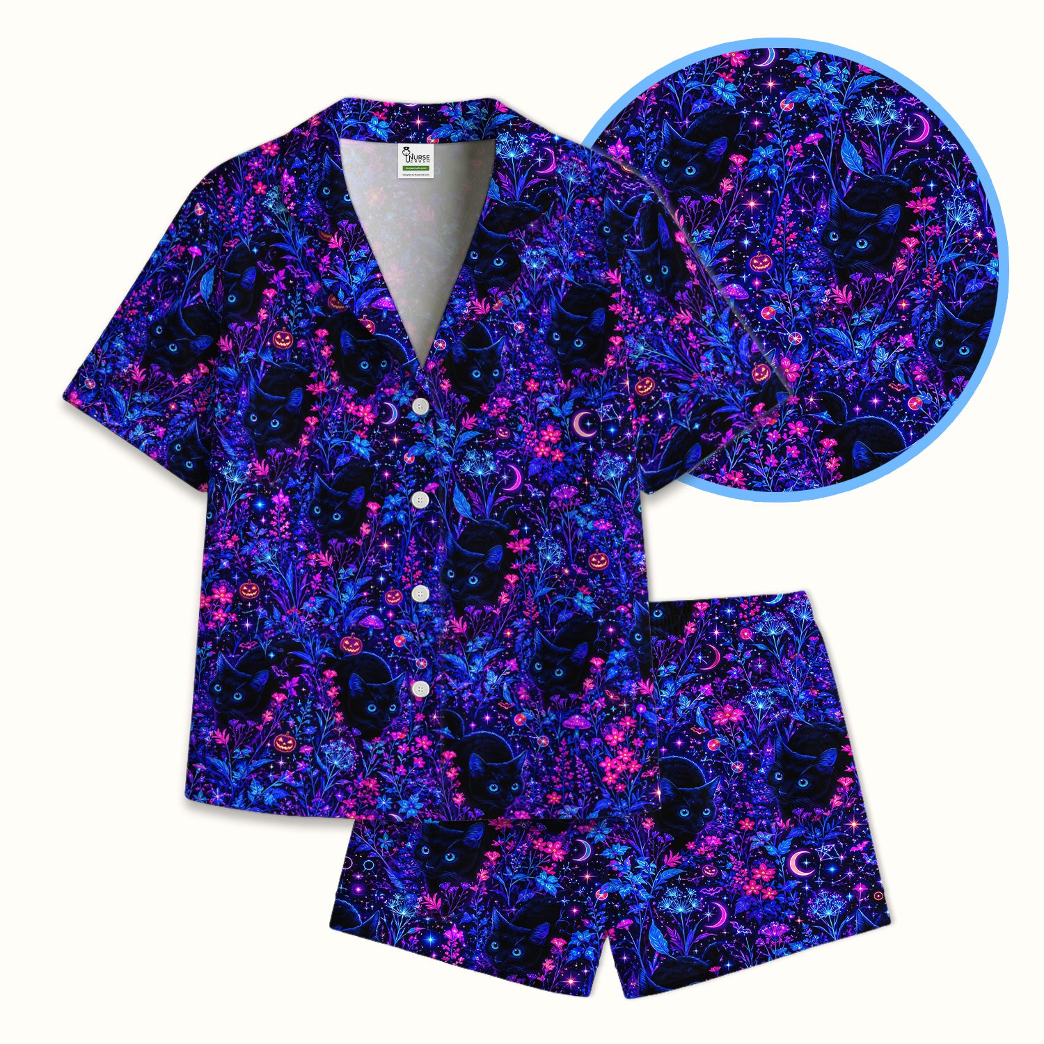 Spooky Black Cat Garden Pattern Pajama Set, Soft Breathable Fabric Comfortable Sleepwear