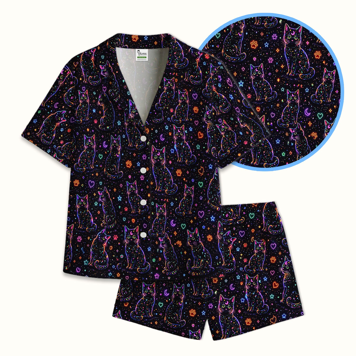 Mystical Cosmic Moon Cat Pattern Pajama Set, Soft Breathable Fabric Comfortable Sleepwear