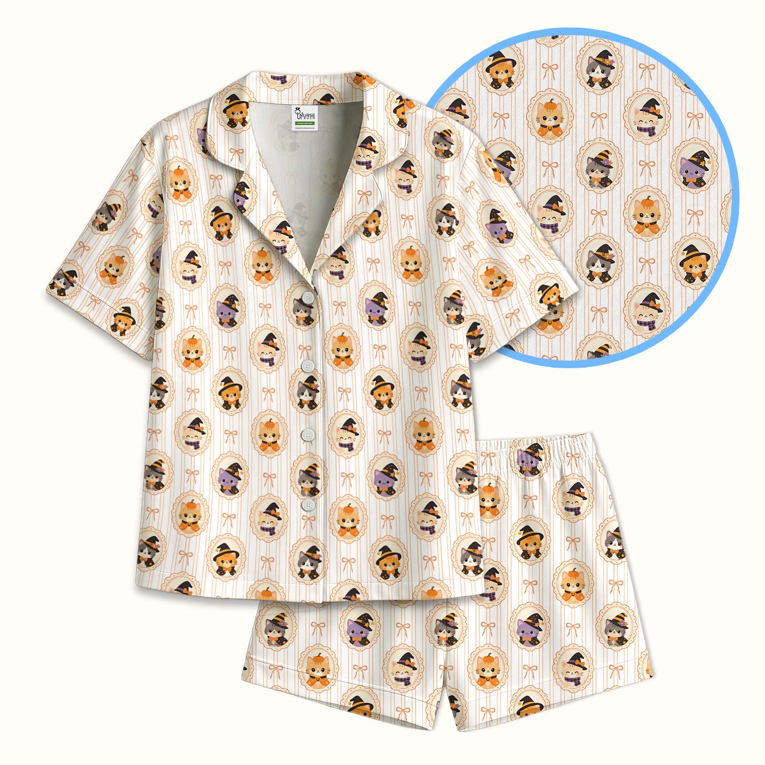 Cute Halloween Cat Stripe Pattern Pajama Set, Soft Breathable Fabric Comfortable Sleepwear