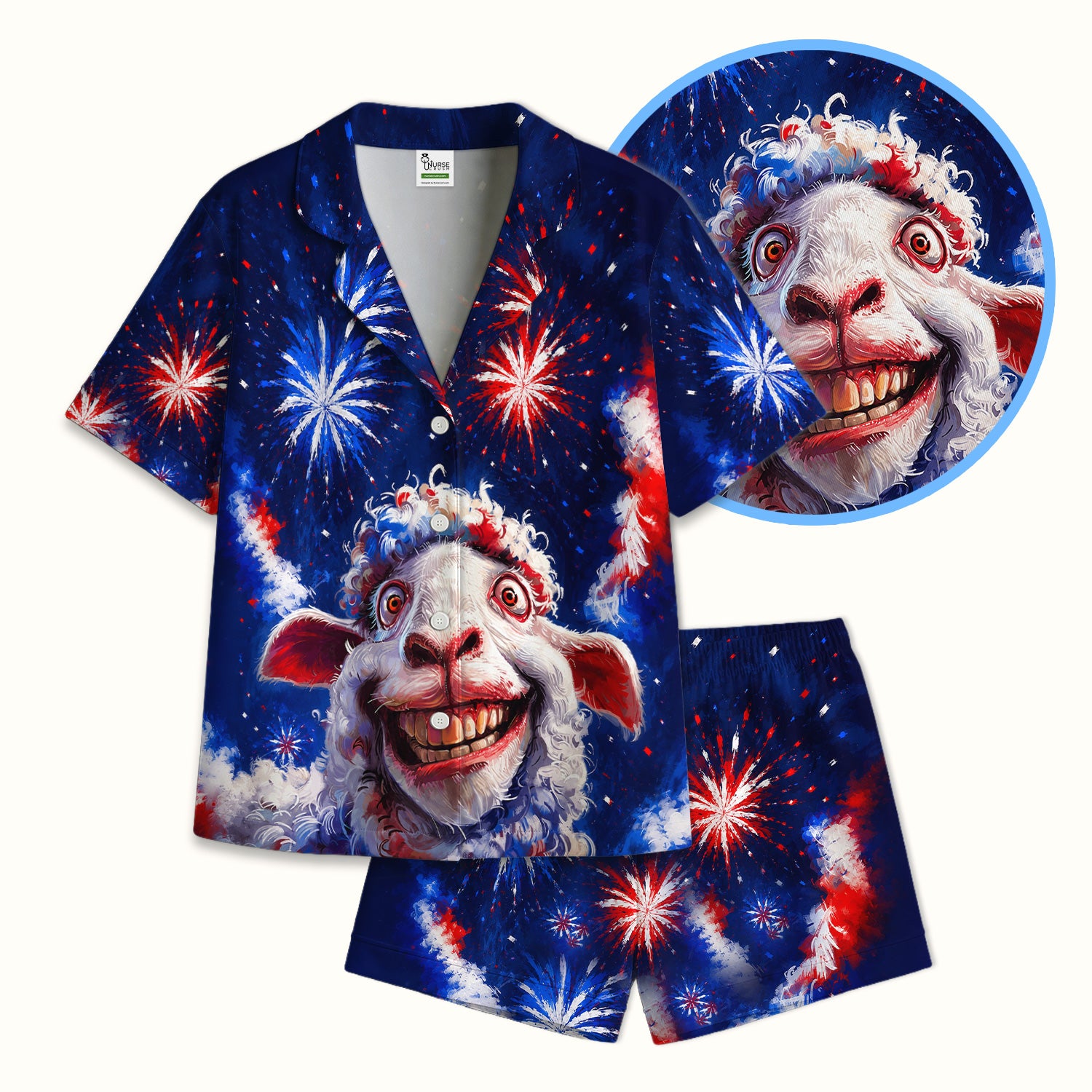 Funny Patriotic Sheep Fireworks Print Pajama Set, Soft Breathable Fabric Comfortable Sleepwear