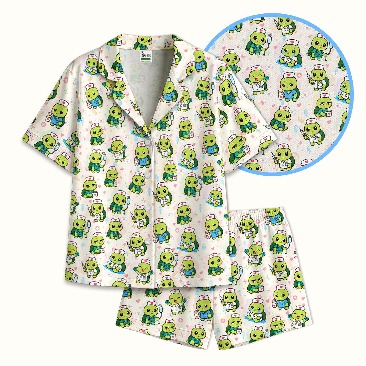 Cute Nurse Turtle Medical Icons Pajama Set, Soft Breathable Fabric Comfortable Sleepwear