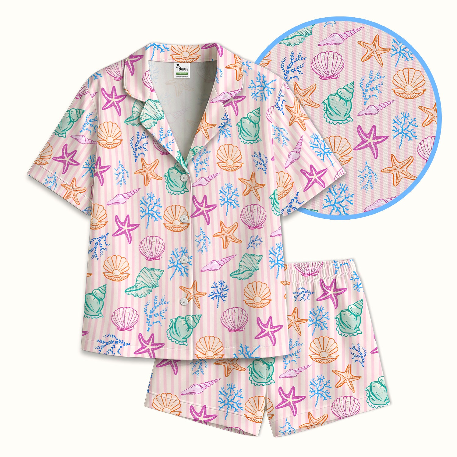 Colorful Seashell Starfish Ocean Stripe Pattern Pajama Set, Breathable Fabrics Uniform