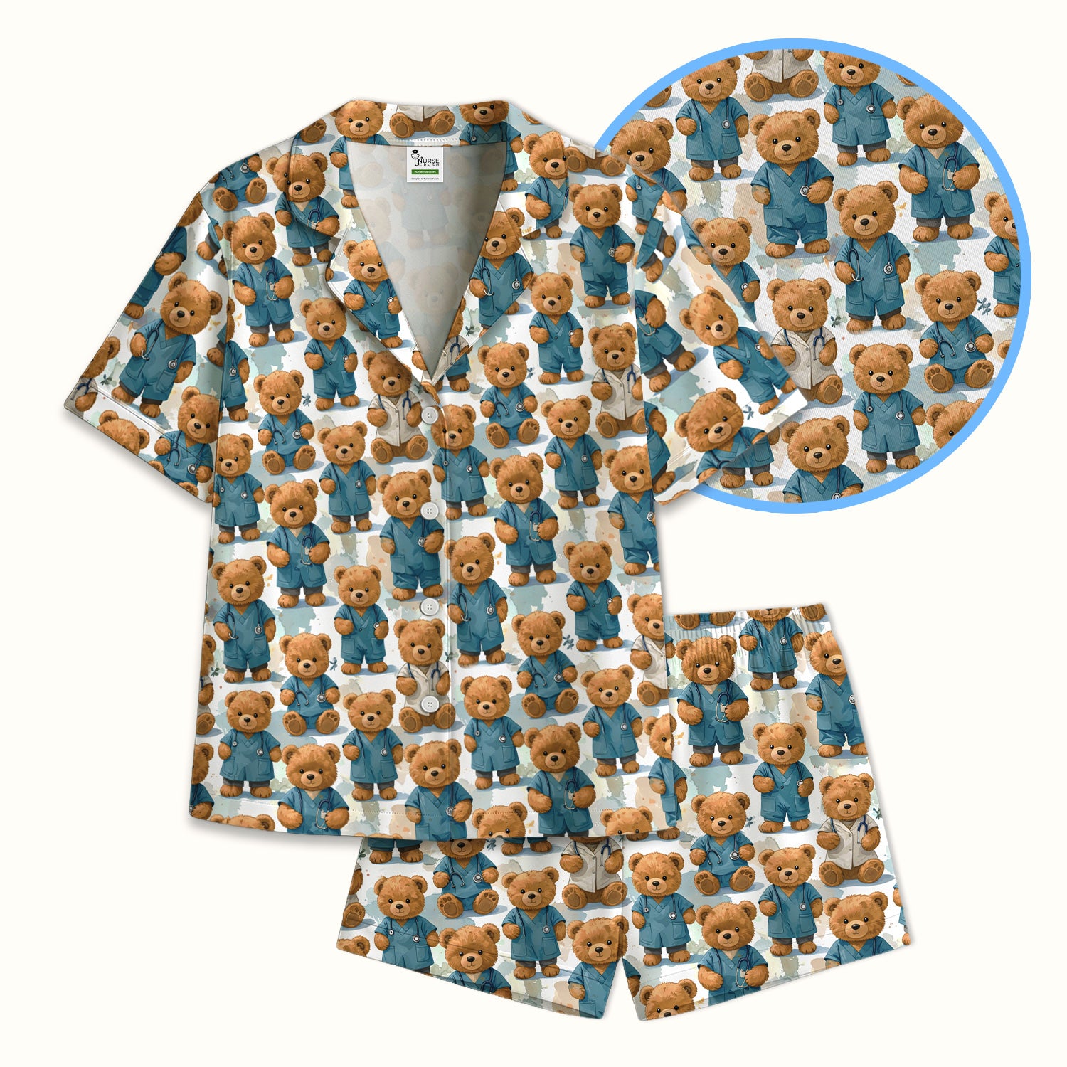 Teddy Bear Doctor Character Pattern Pajama Set, Breathable Fabrics Uniform