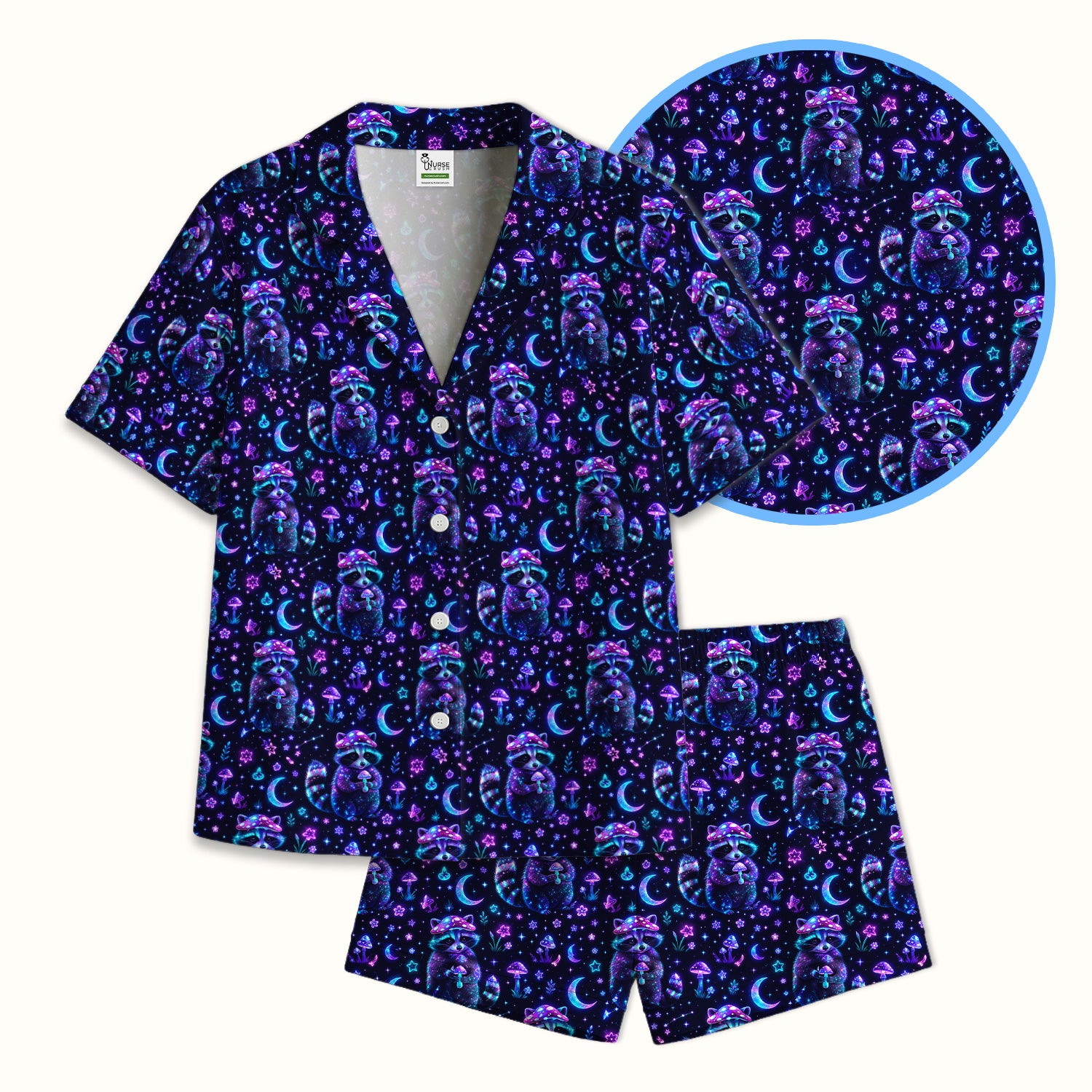 Neon Mushroom Raccoon Moonlight Pattern Pajama Set, Soft Breathable Fabric Comfortable Sleepwear