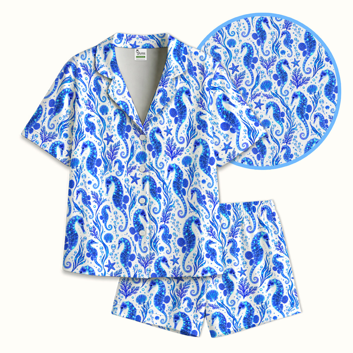 Blue Ocean Seahorse Pattern Pajama Set, Soft Breathable Fabric Comfortable Sleepwear