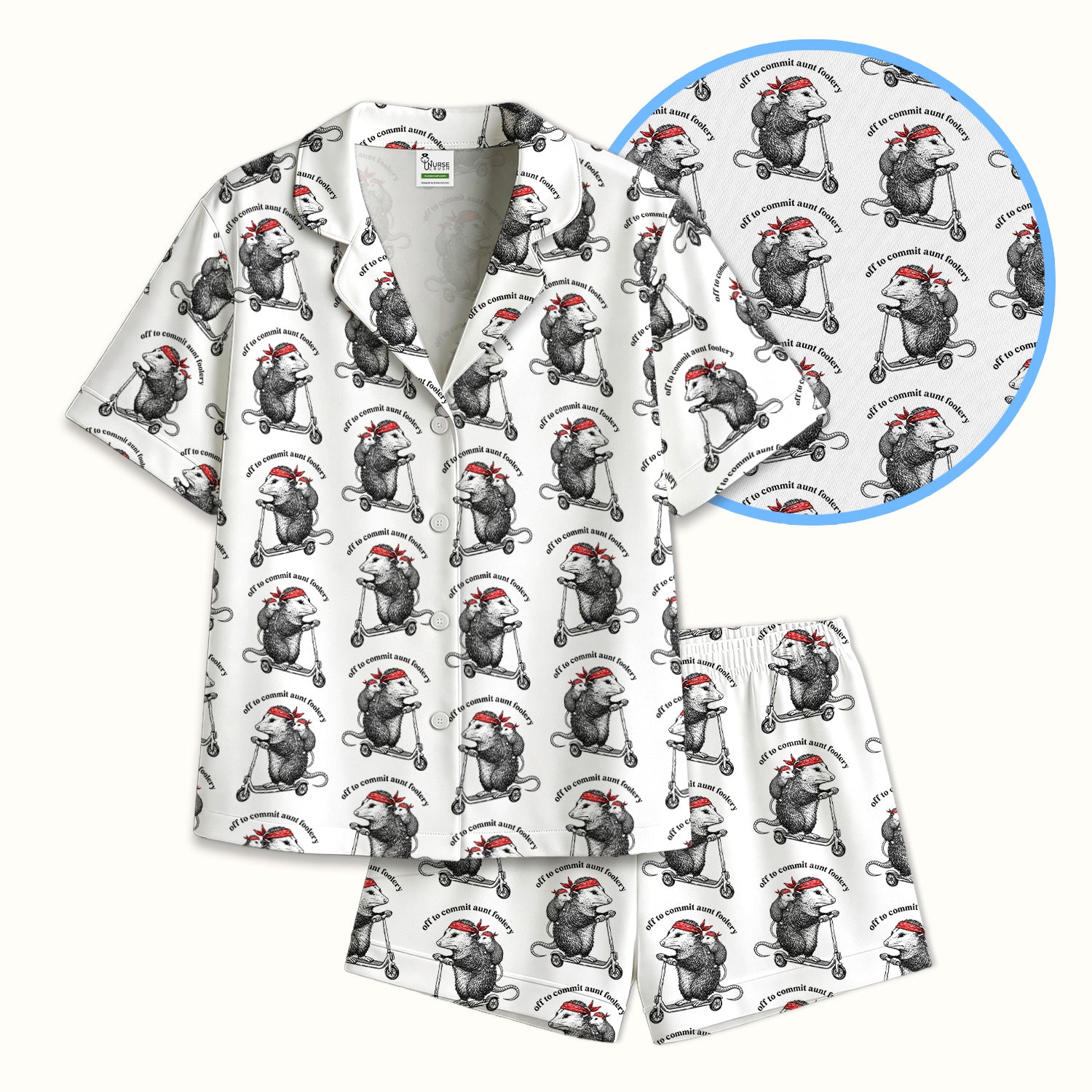 Aunt Foolery Opossum Pattern Pajama Set, Soft Breathable Fabric Comfortable Sleepwear