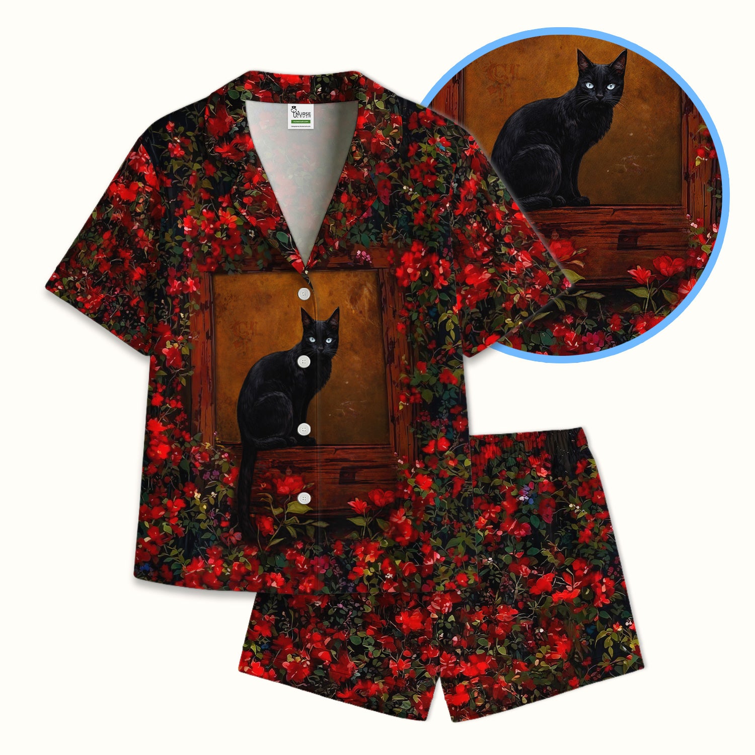 Black Cat Sitting By Red Floral Garden Window Pajama Set, Breathable Fabrics Uniform