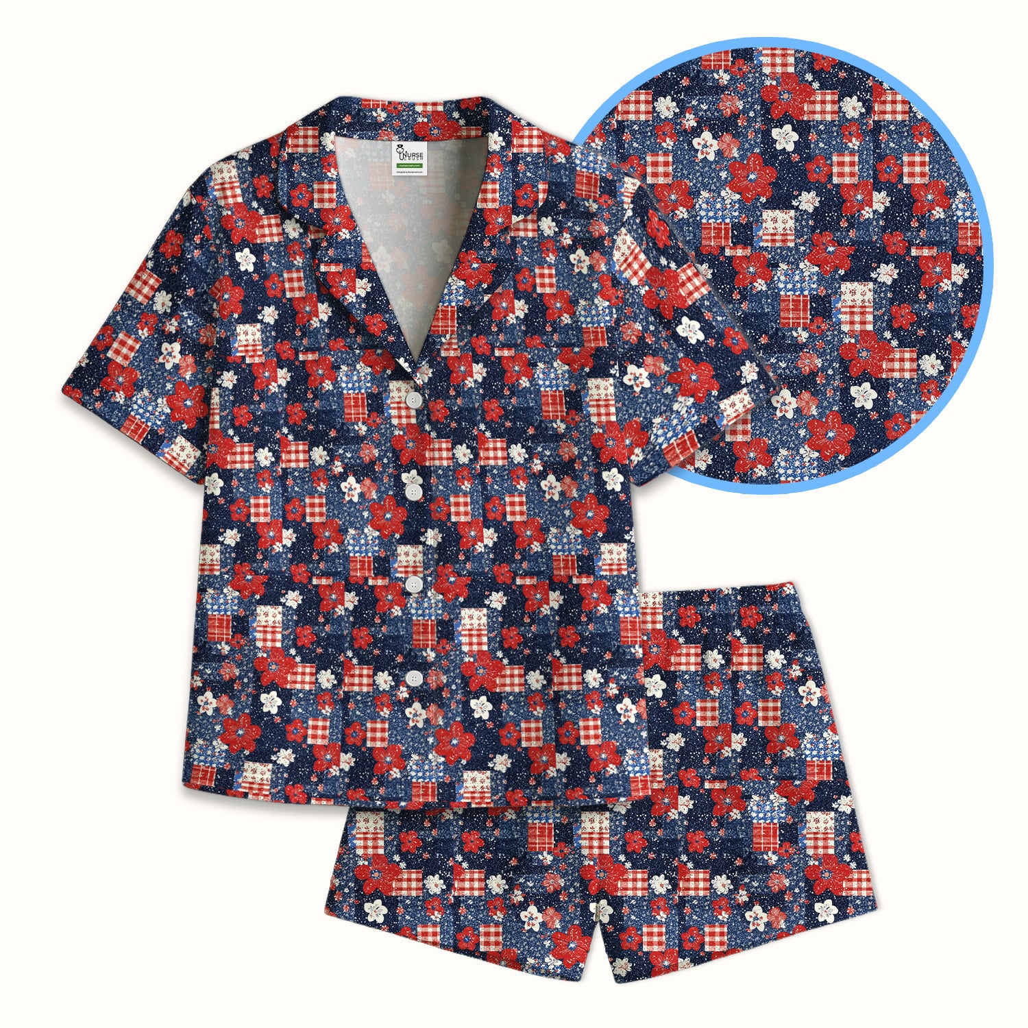 Patriotic Gingham Floral Patchwork Pattern Pajama Set, Soft Breathable Fabric Comfortable Sleepwear