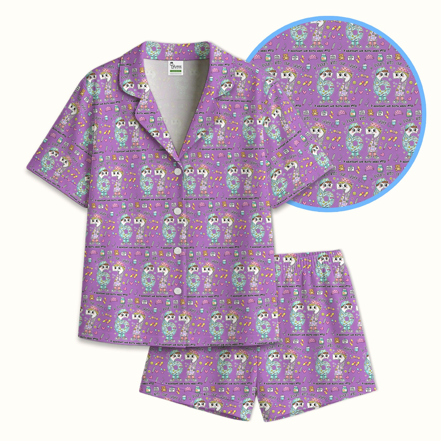 Cartoon Characters Six Hours Into Shift With Medical Doodle Pajama Set, Breathable Fabrics Uniform