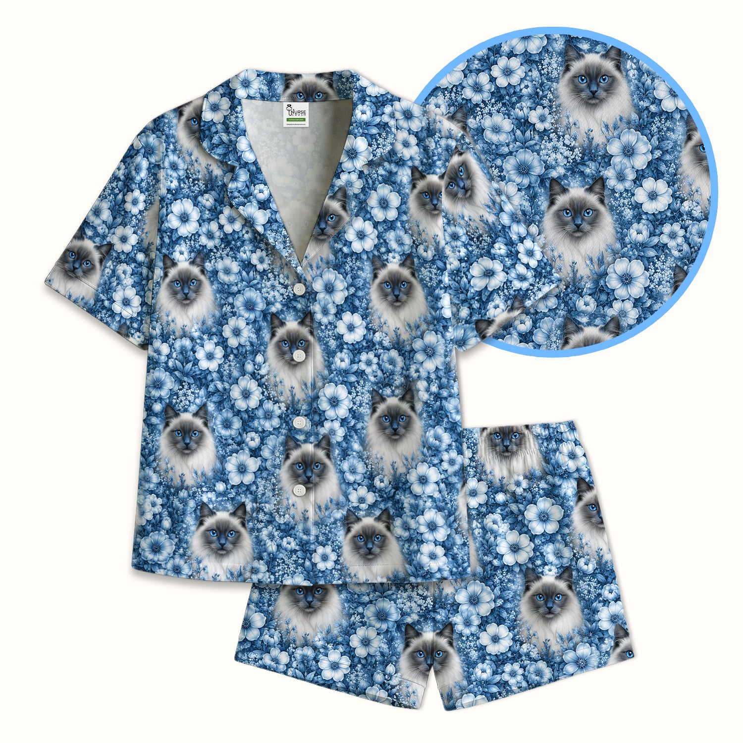 Blue Floral Ragdoll Cat Pattern Pajama Set, Soft Breathable Fabric Comfortable Sleepwear