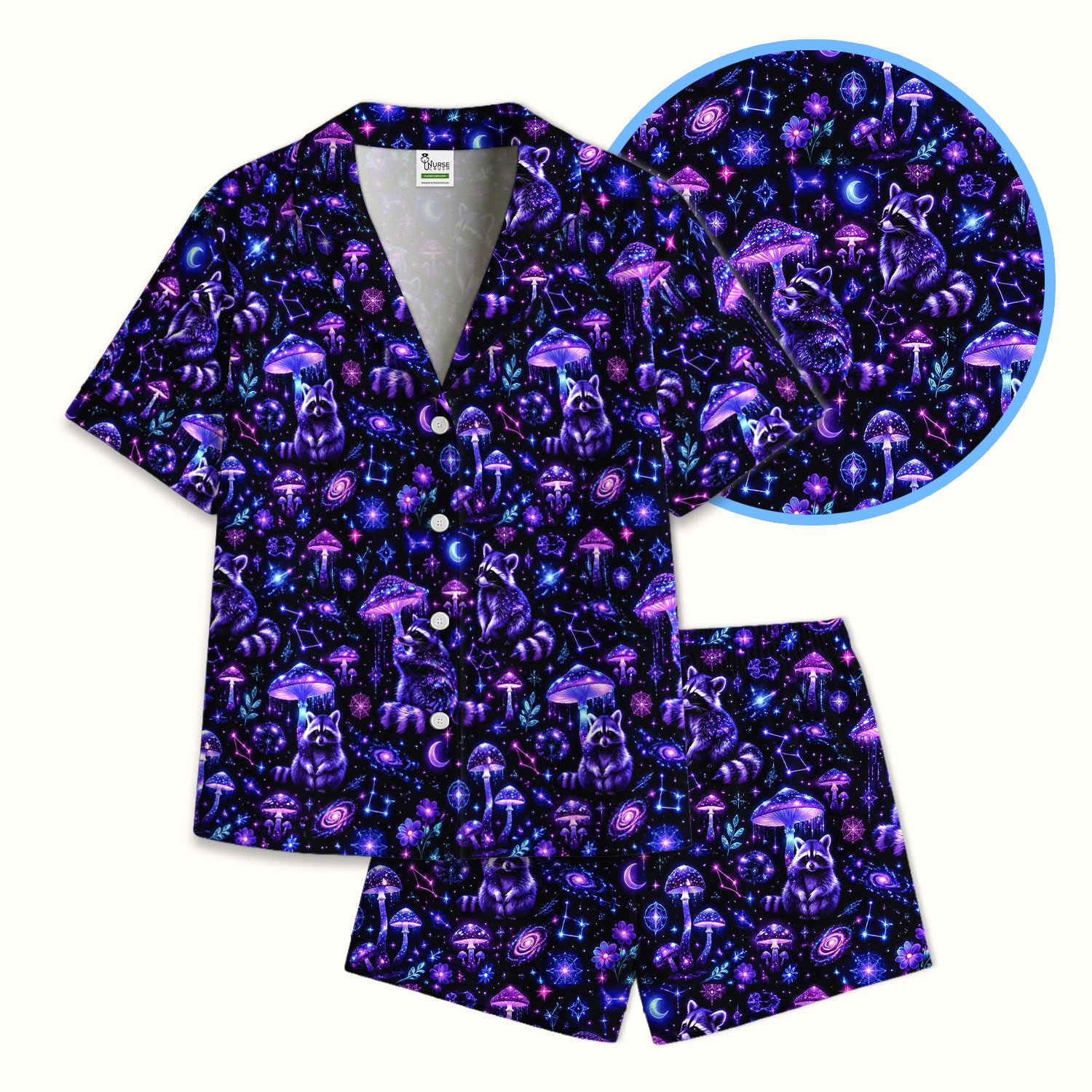 Cosmic Raccoon Mushroom Print Pajama Set, Soft Breathable Fabric Comfortable Sleepwear