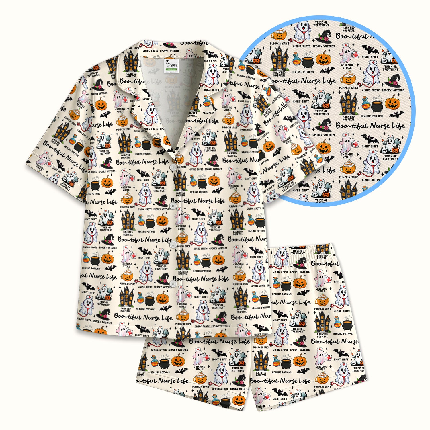 Spooky Halloween Boo-tiful Nurse Life Pajama Set, Soft Breathable Fabric Comfortable Sleepwear