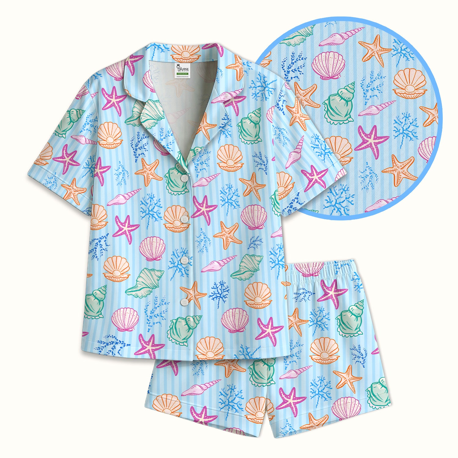 Colorful Seashell Starfish Ocean Stripe Pattern Pajama Set, Breathable Fabrics Uniform