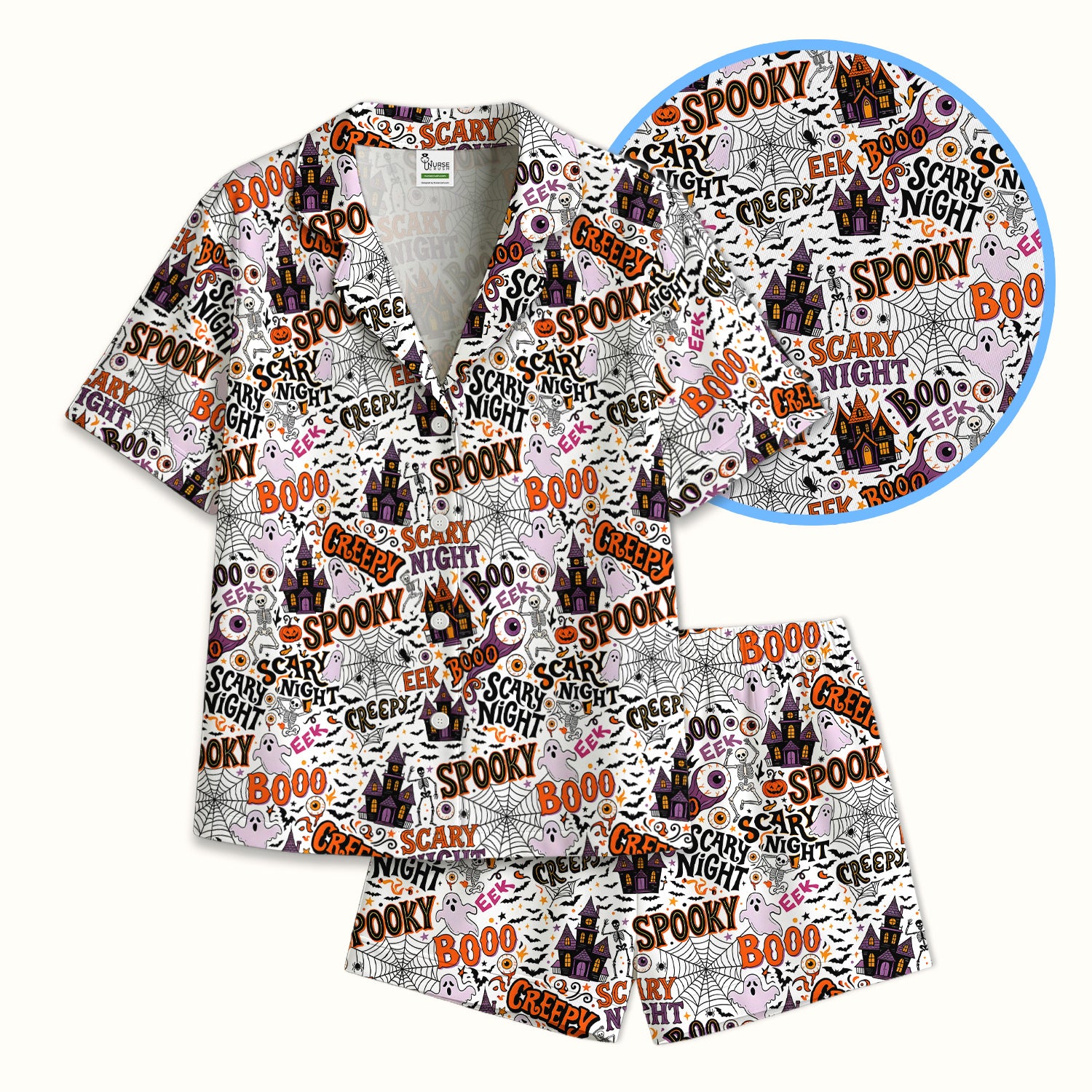 Spooky Halloween Haunted House Typography Pajama Set, Soft Breathable Fabric Comfortable Sleepwear