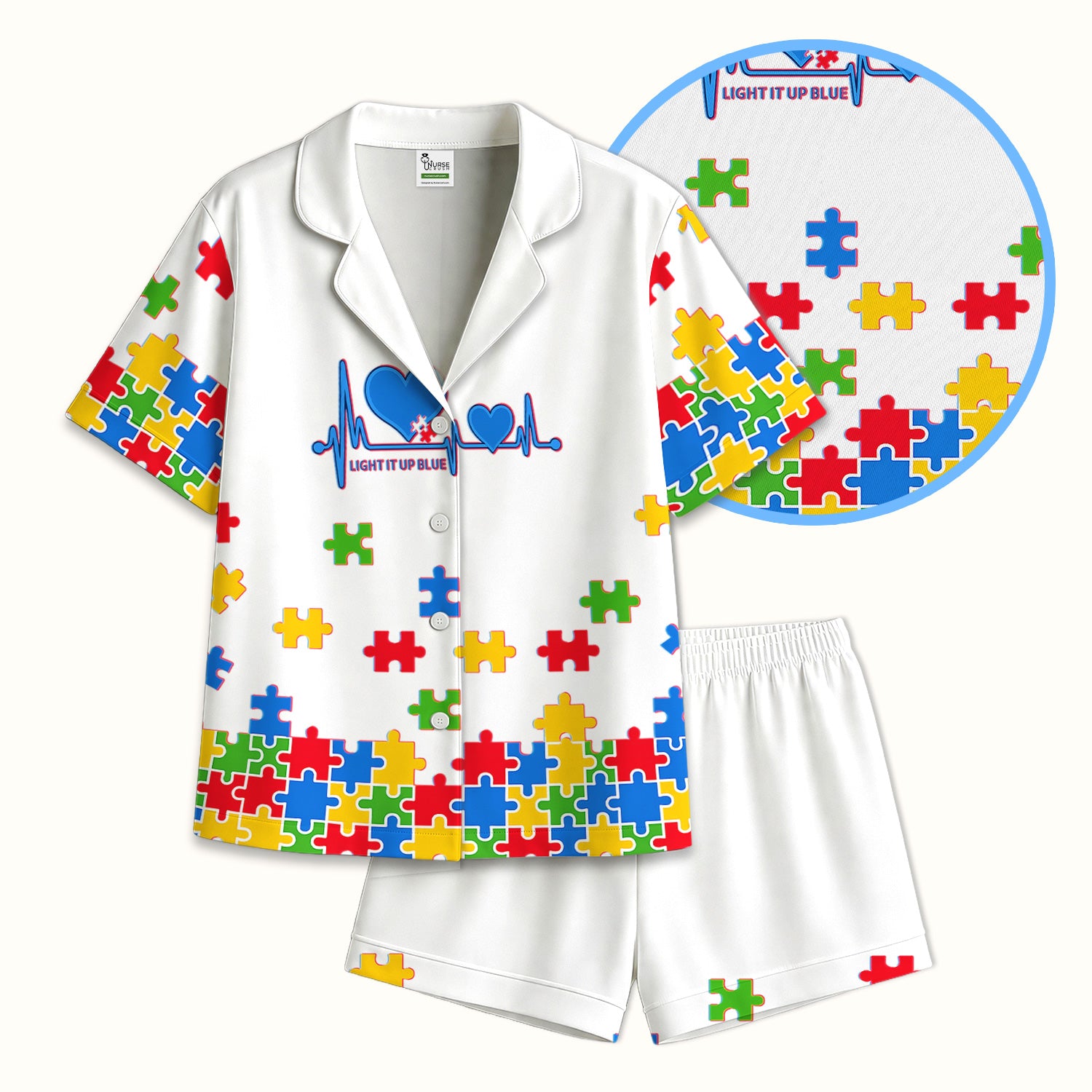 Autism Puzzle Heartbeat Light It Up Blue Print Pajama Set, Breathable Fabrics Uniform