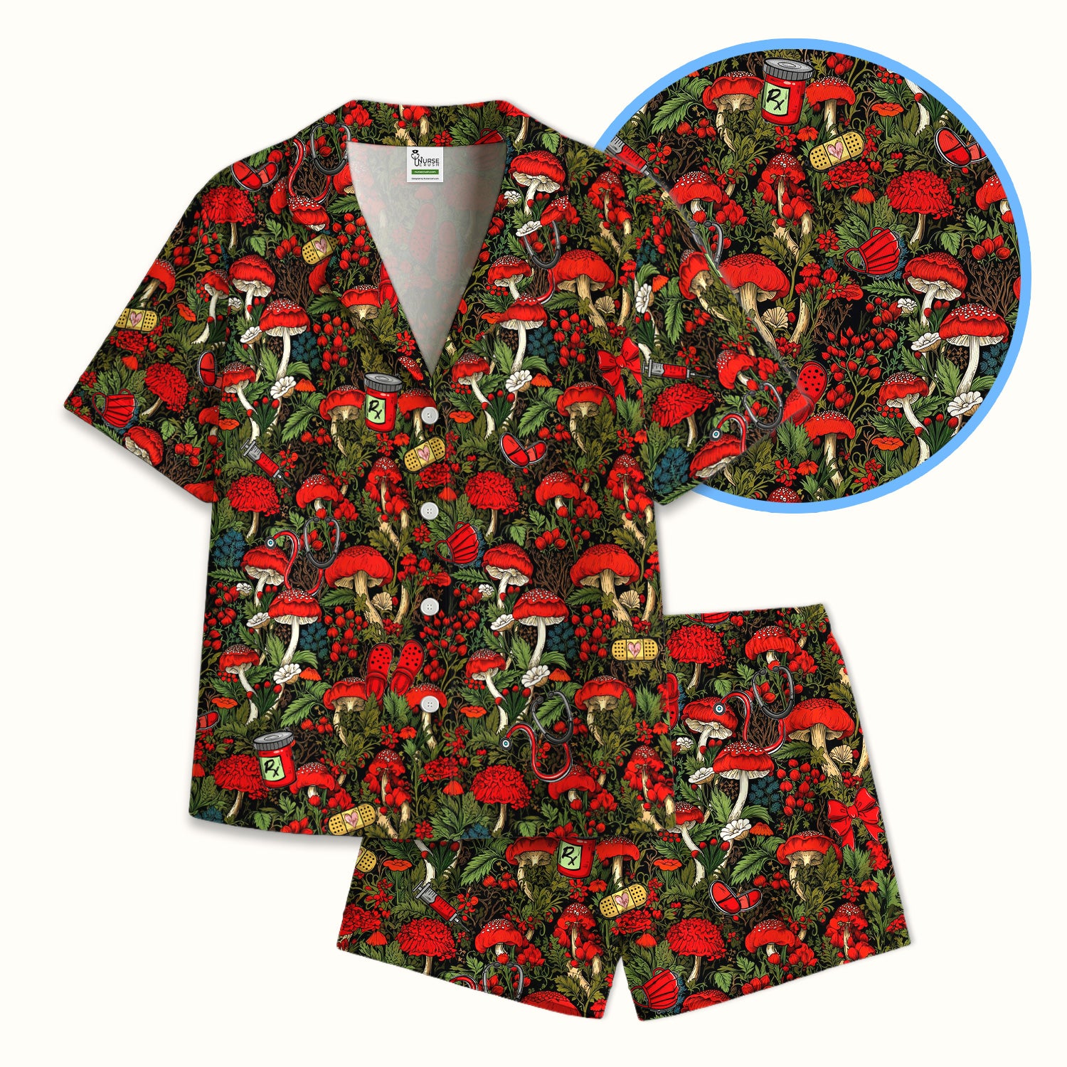 Red Mushroom Medical Forest Pattern Pajama Set, Soft Breathable Fabric Comfortable Sleepwear