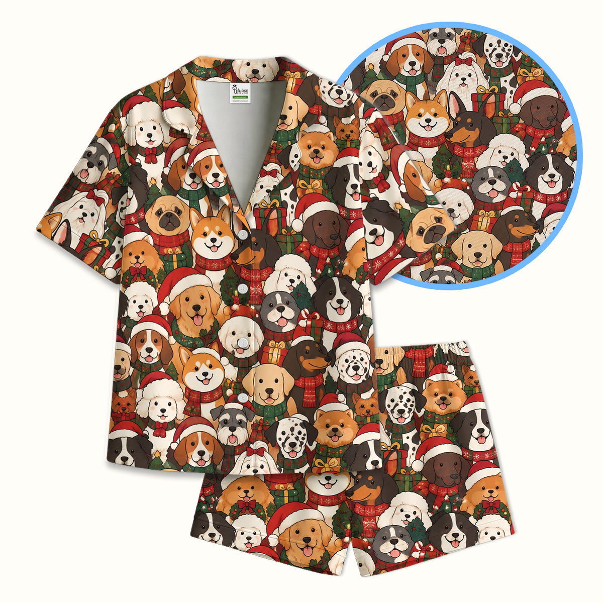 Christmas Dog Breeds Collage Pattern Pajama Set, Soft Breathable Fabric Comfortable Sleepwear