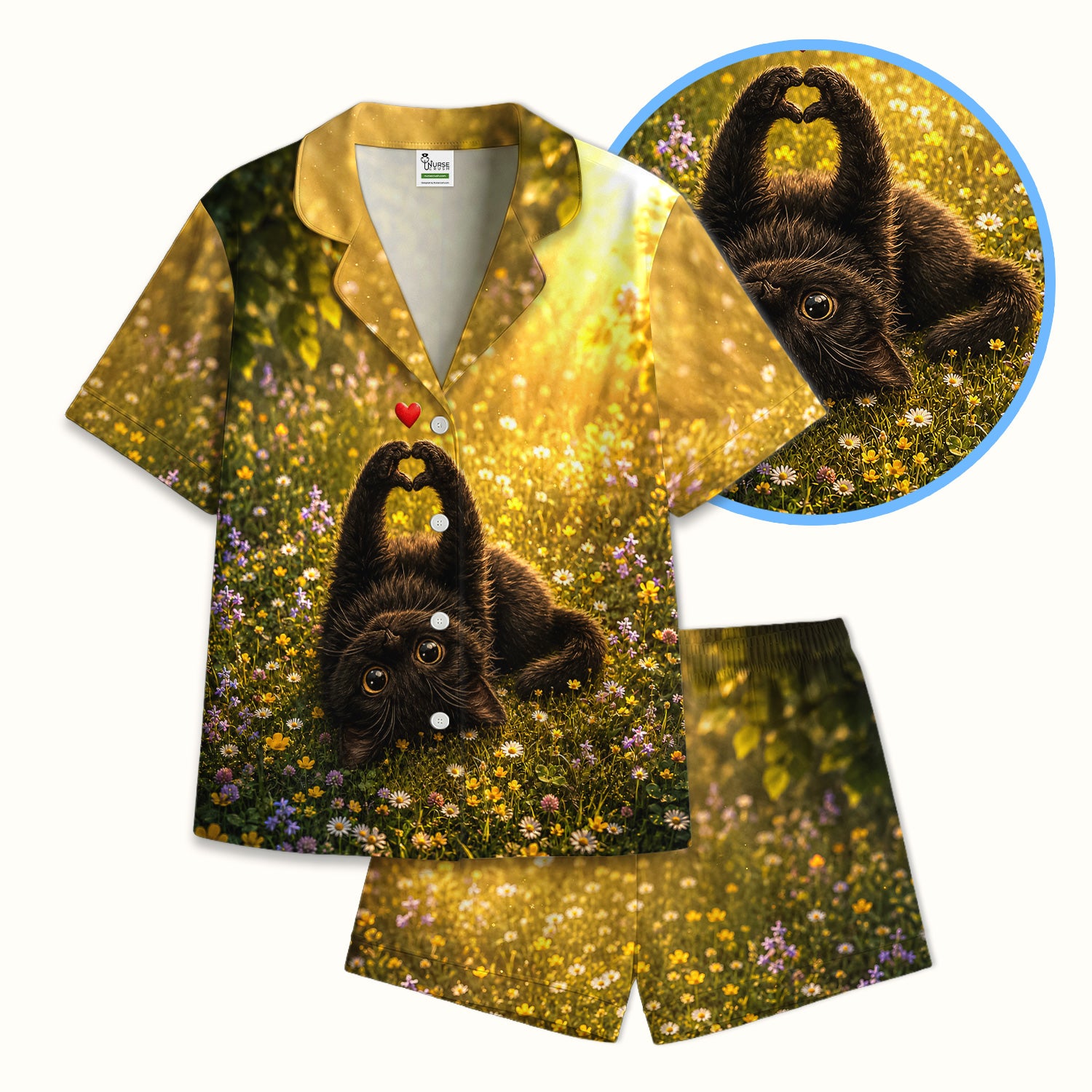 Upside Down Black Cat Meadow Pattern Pajama Set, Soft Breathable Fabric Comfortable Sleepwear