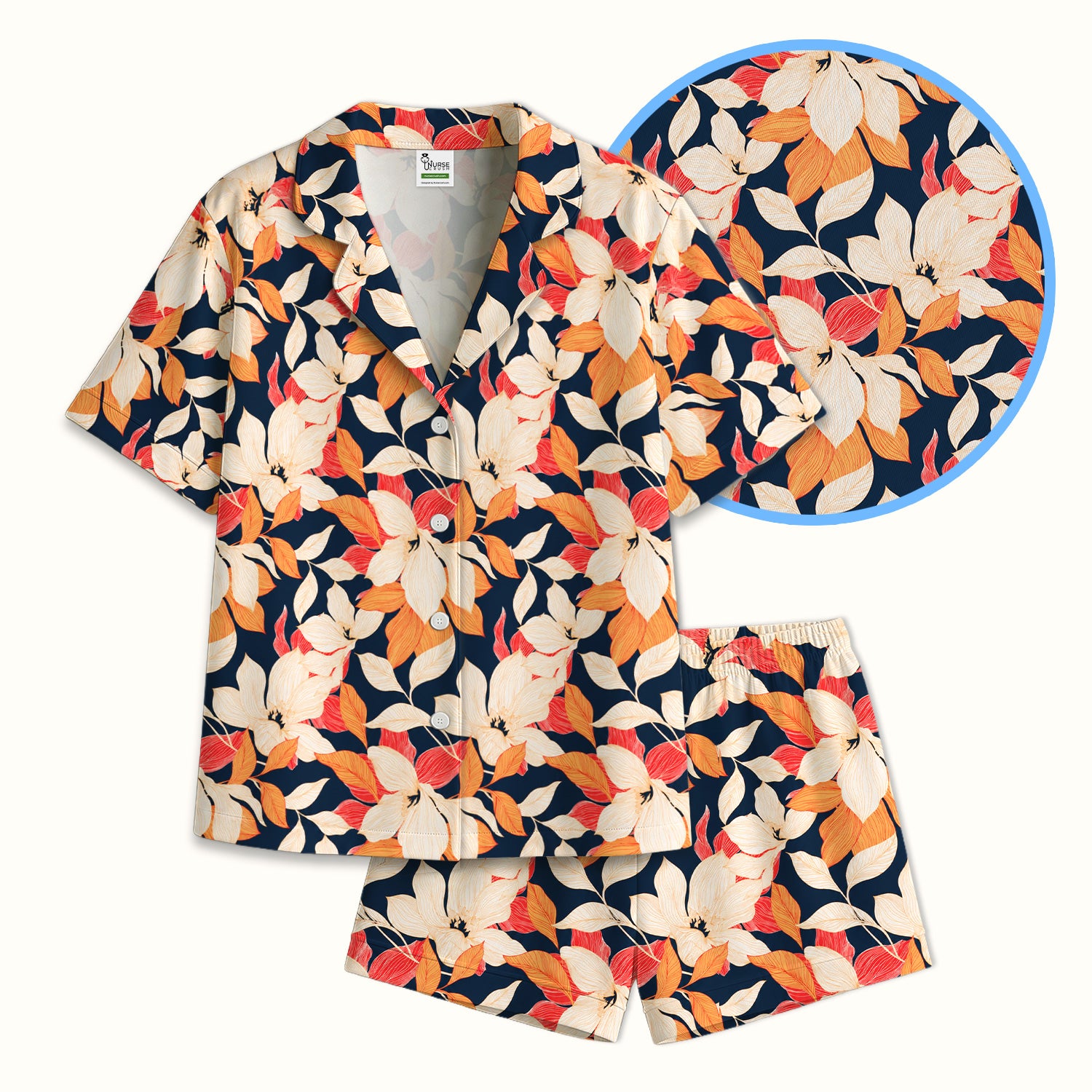 Elegant Ivory Lily Leaves Pattern Pajama Set, Soft Breathable Fabric Comfortable Sleepwear