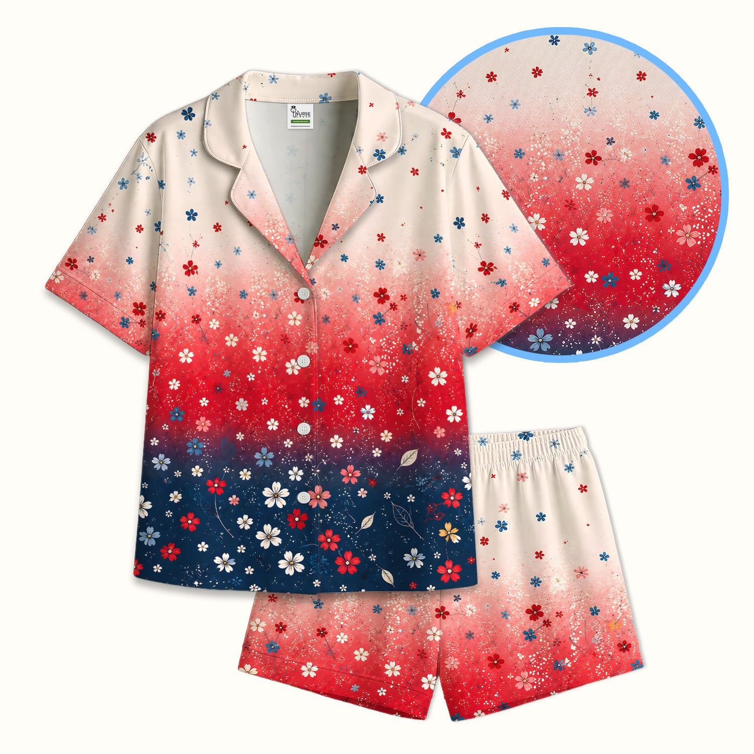 Patriotic Red White Blue Floral Ombre Print Pajama Set, Soft Breathable Fabric Comfortable Sleepwear