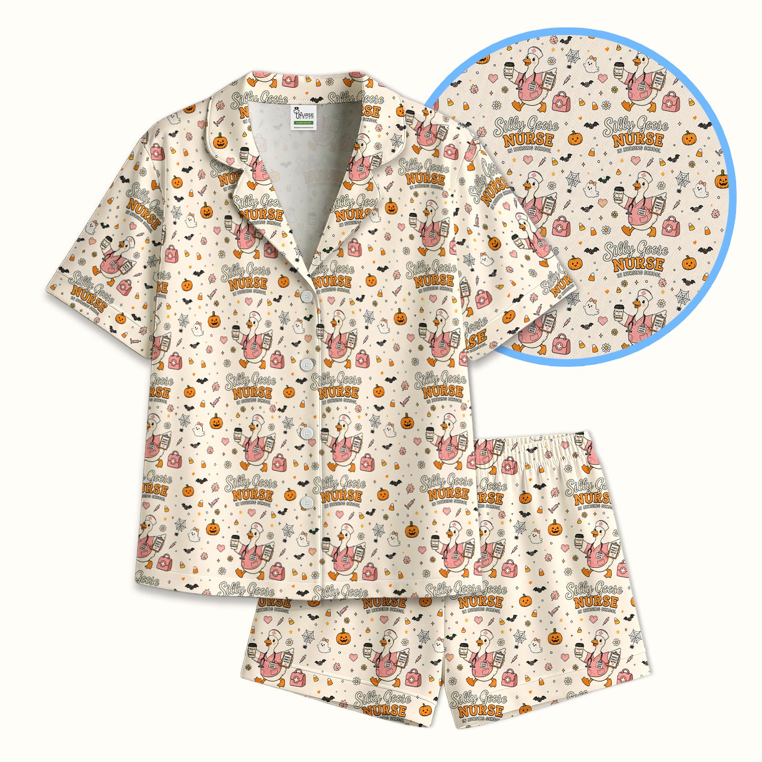 Funny Halloween Silly Goose Pattern Pajama Set, Soft Breathable Fabric Comfortable Sleepwear