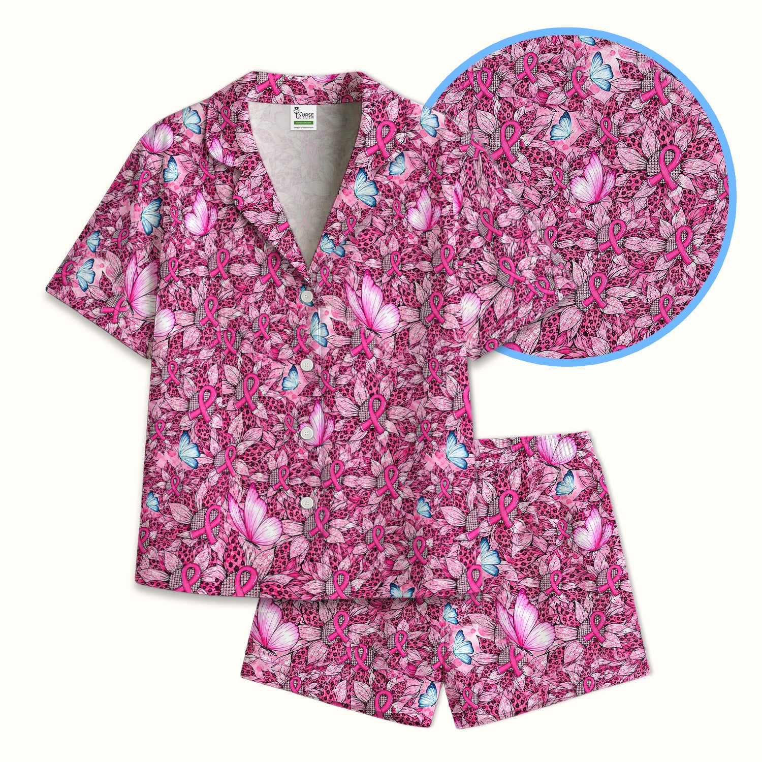 Pink Ribbon Butterfly Pajama Set, Soft Breathable Fabric Comfortable Sleepwear
