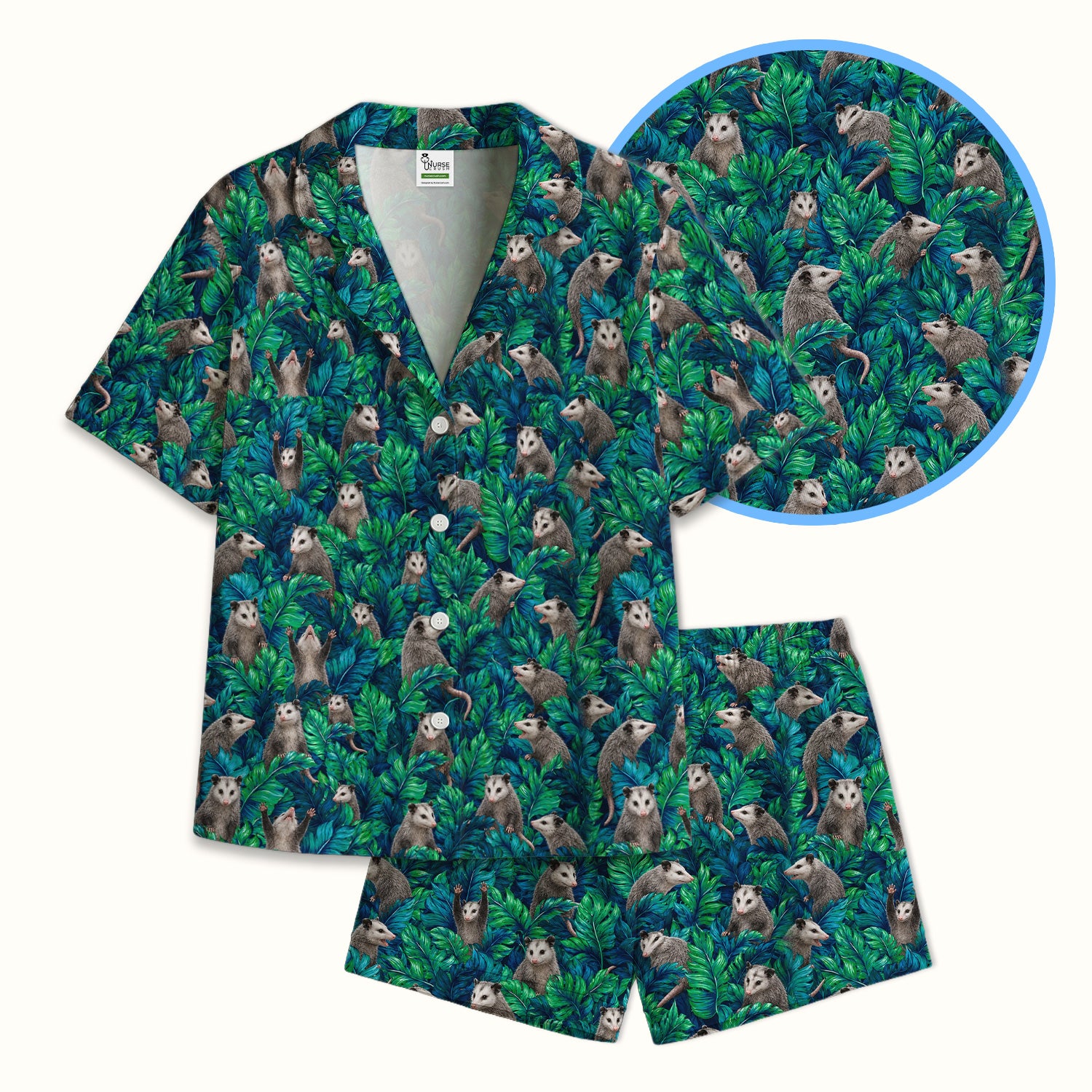 Tropical Opossum Jungle Leaves Pattern Pajama Set, Soft Breathable Fabric Comfortable Sleepwear