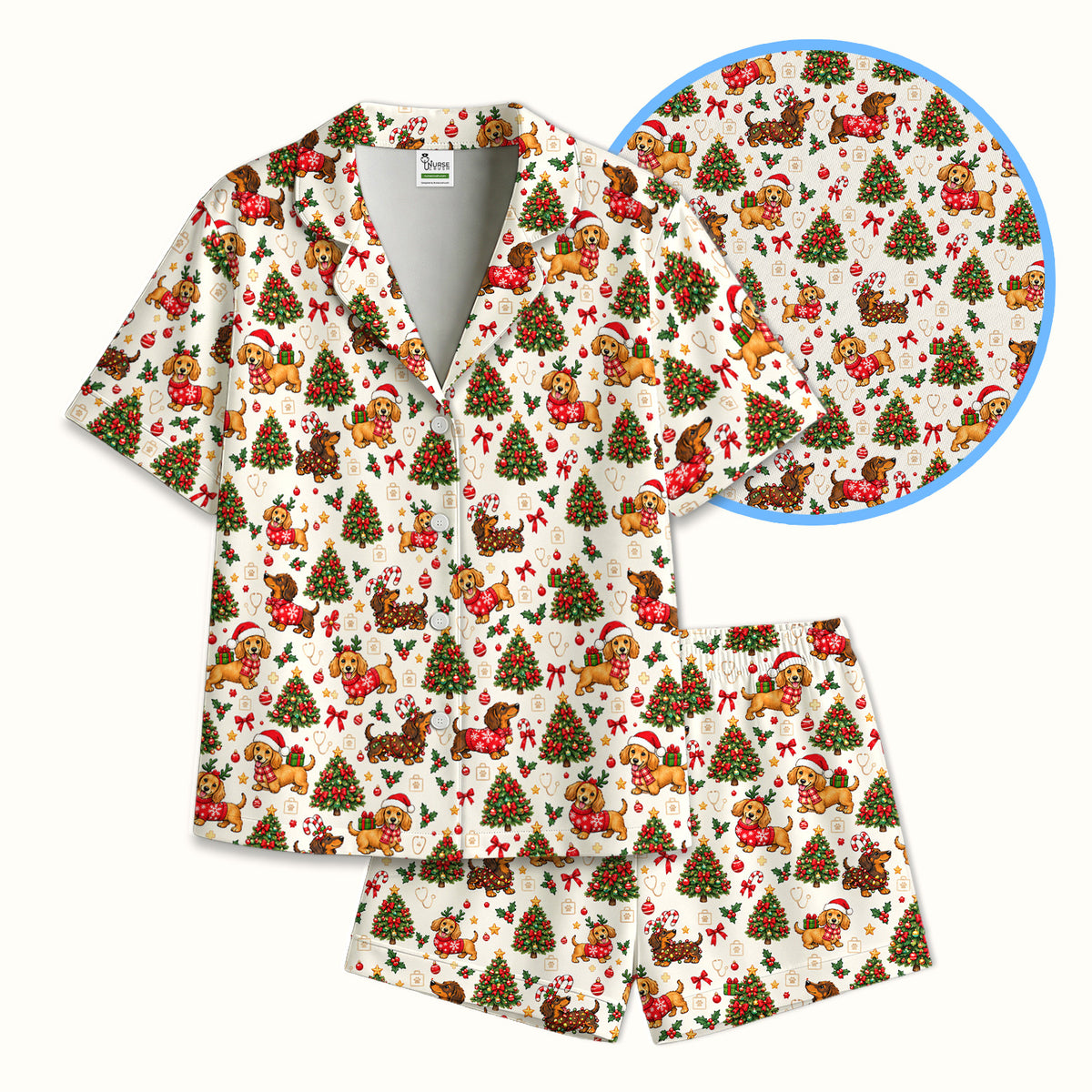 Cute Christmas Dachshund And Tree Pattern Pajama Set, Soft Breathable Fabric Comfortable Sleepwear