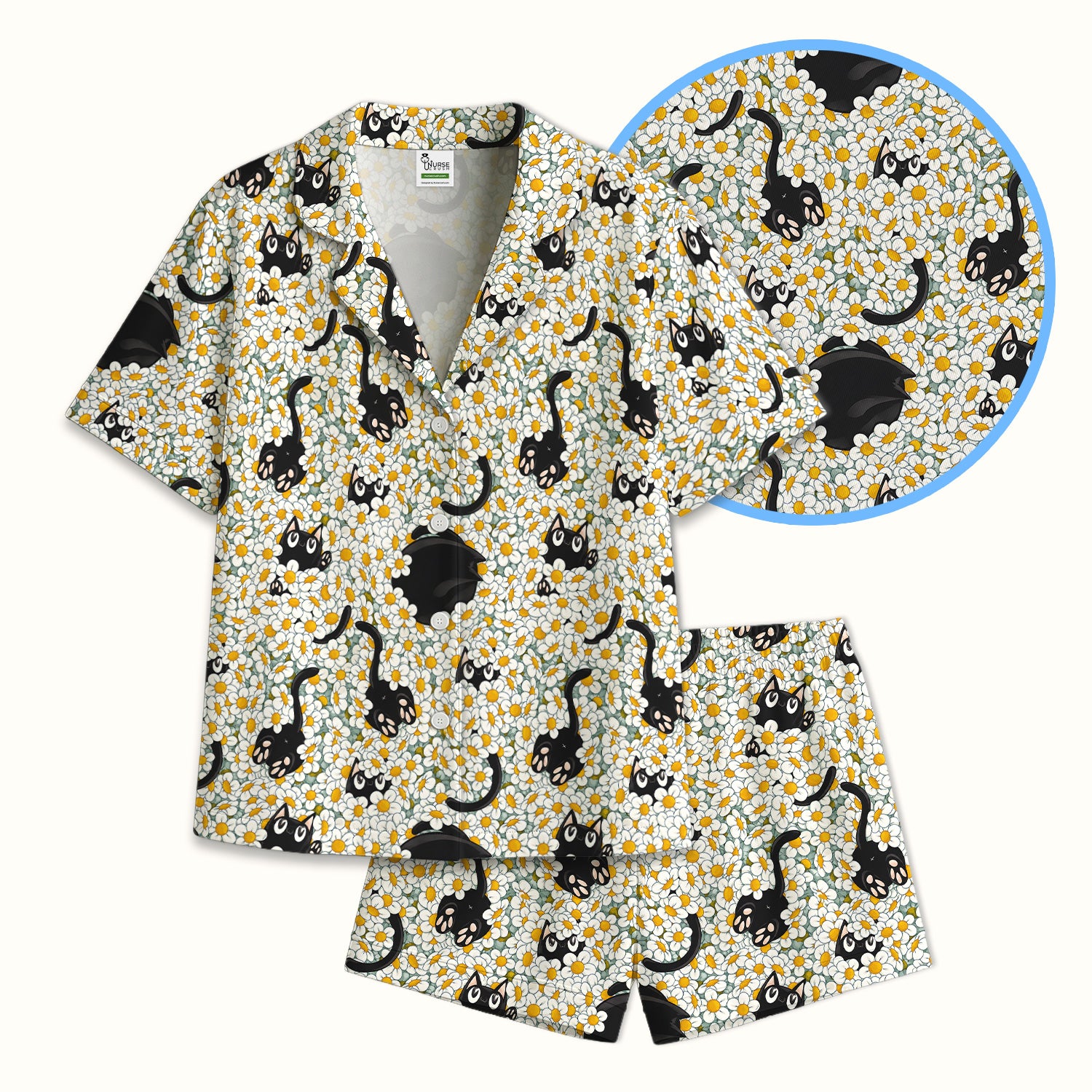 Daisy Black Cat Nurse Pattern Pajama Set, Soft Breathable Fabric Comfortable Sleepwear