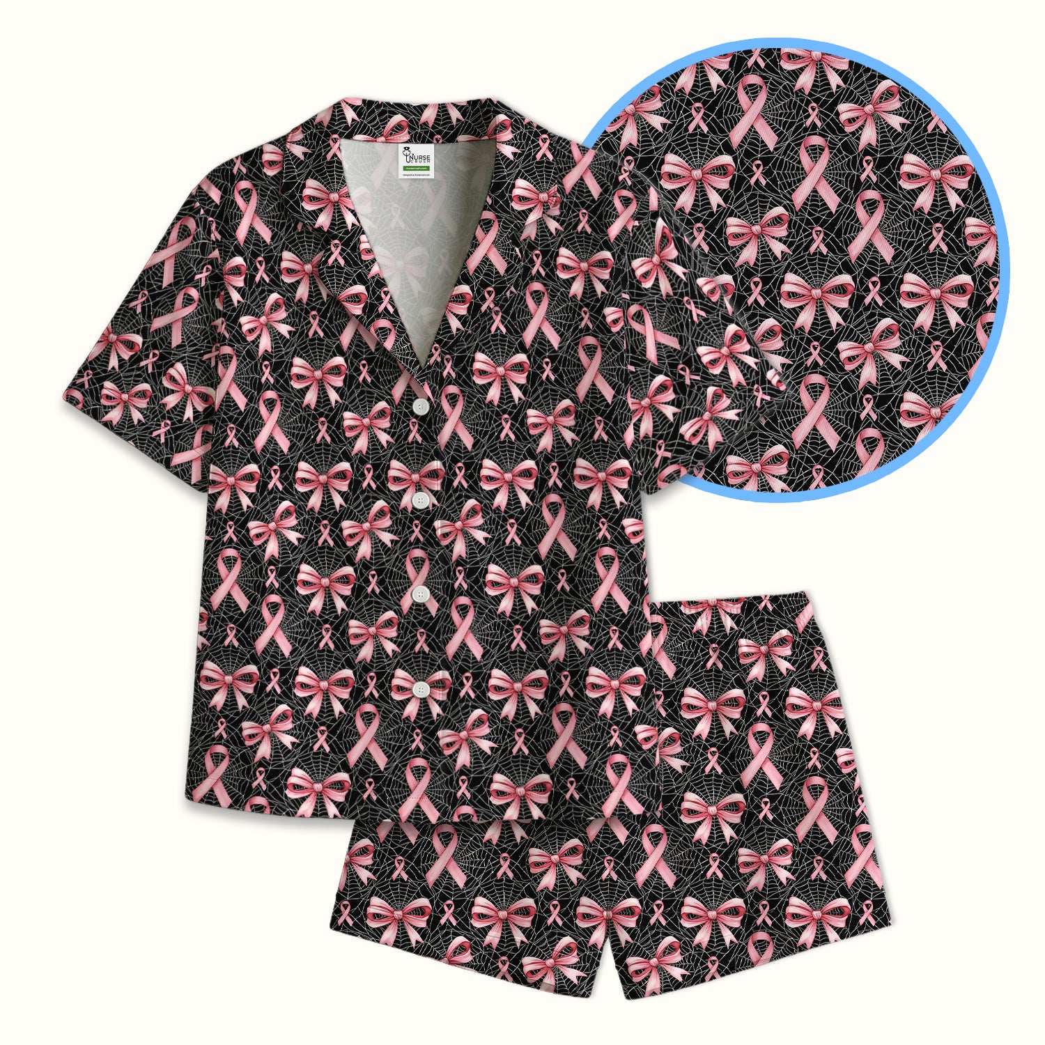 Pink Ribbon Pattern Pajama Set, Soft Breathable Fabric Comfortable Sleepwear