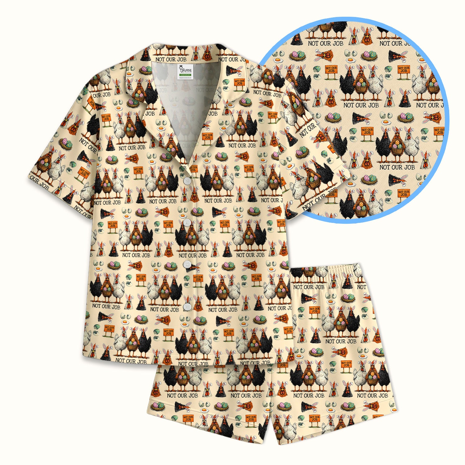 Funny Easter Chicken Humor Pattern Pajama Set, Breathable Fabrics Uniform