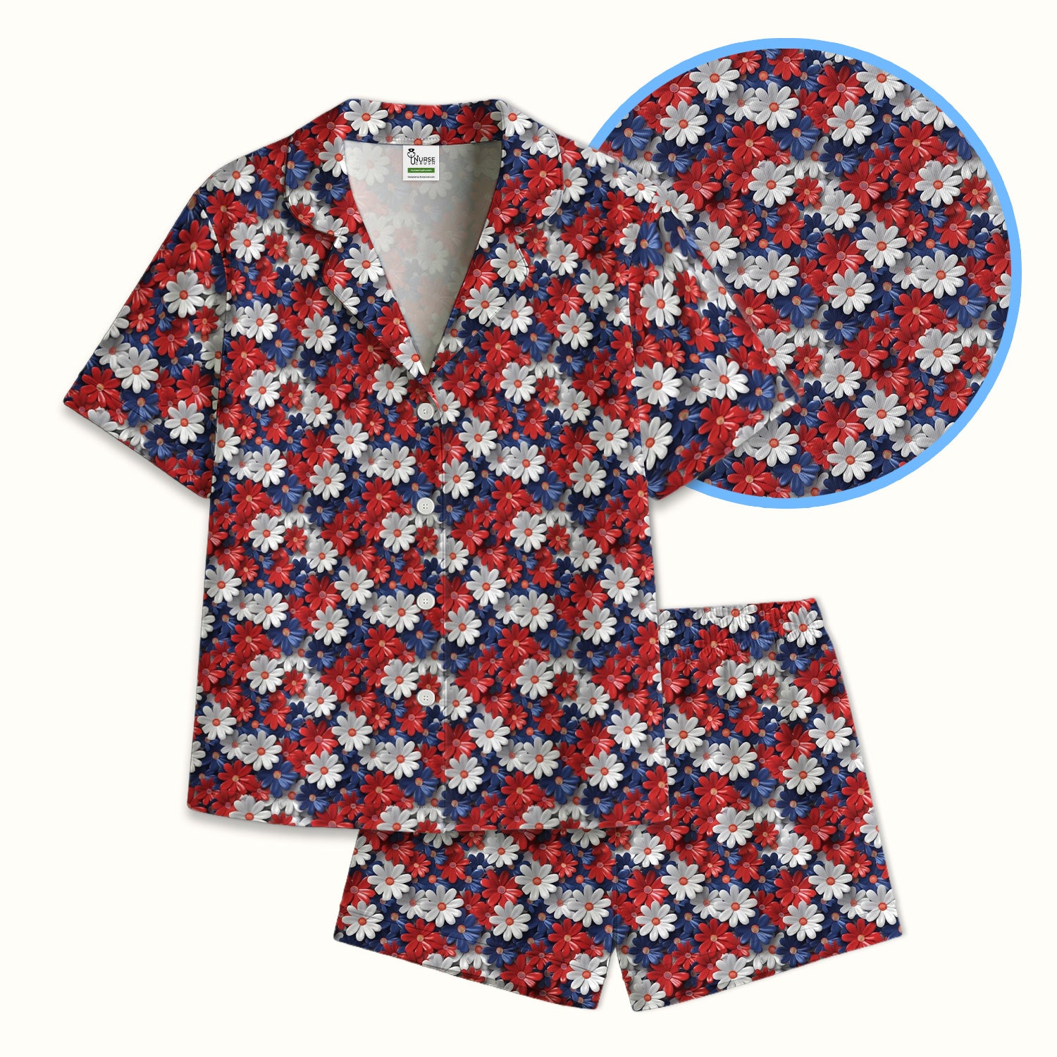 Festive Patriotic Daisy Bloom Pattern Pajama Set, Soft Breathable Fabric Comfortable Sleepwear