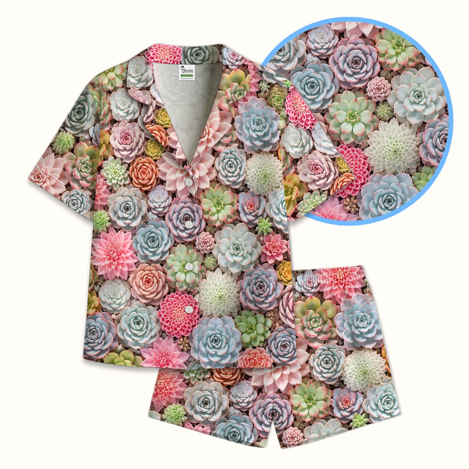 Cute Pastel Succulent Blossom Pattern Pajama Set, Soft Breathable Fabric Comfortable Sleepwear