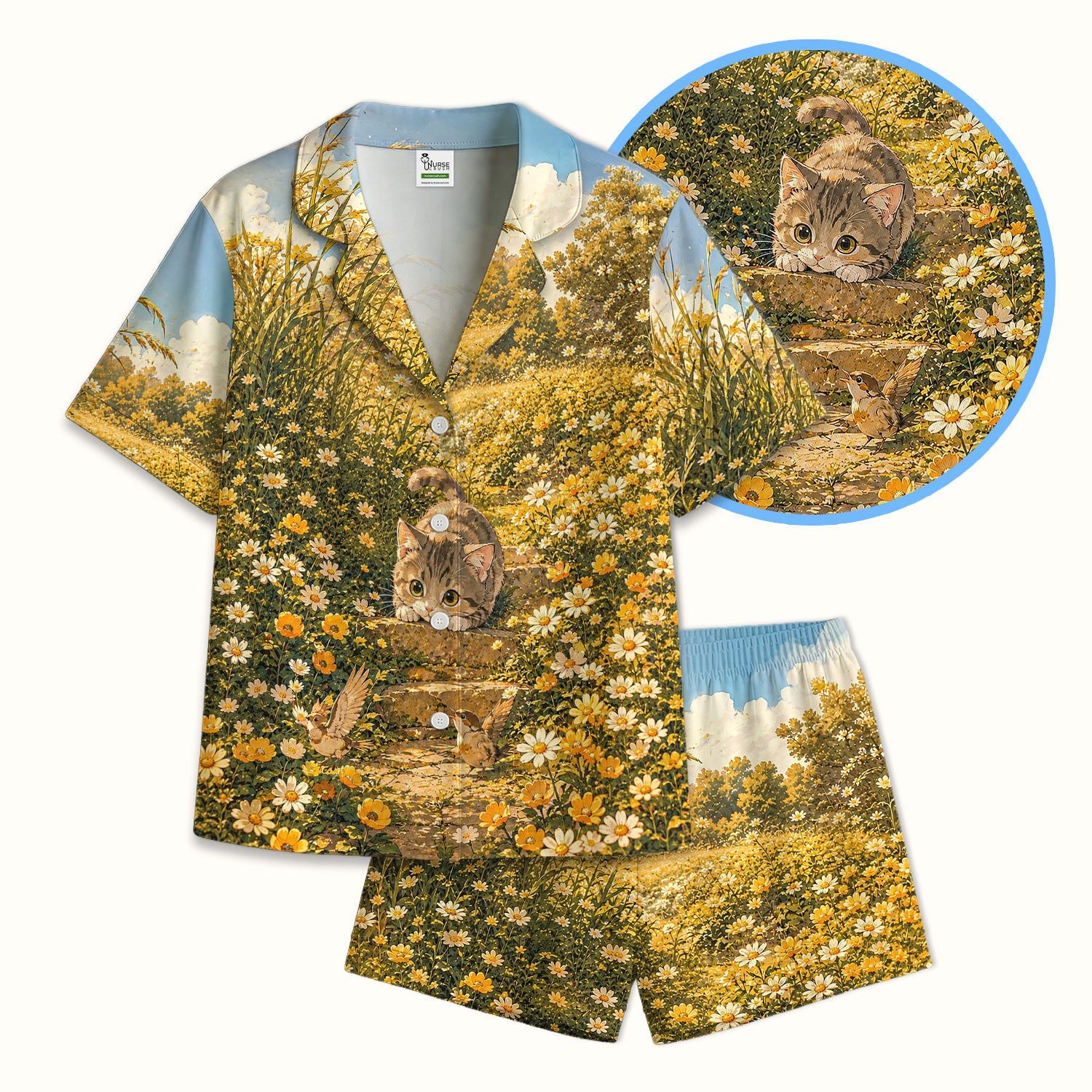 Sunny Garden Cat Nurse Pattern, Floral Medical Pajama Set, Soft Breathable Fabric Comfortable Sleepwear