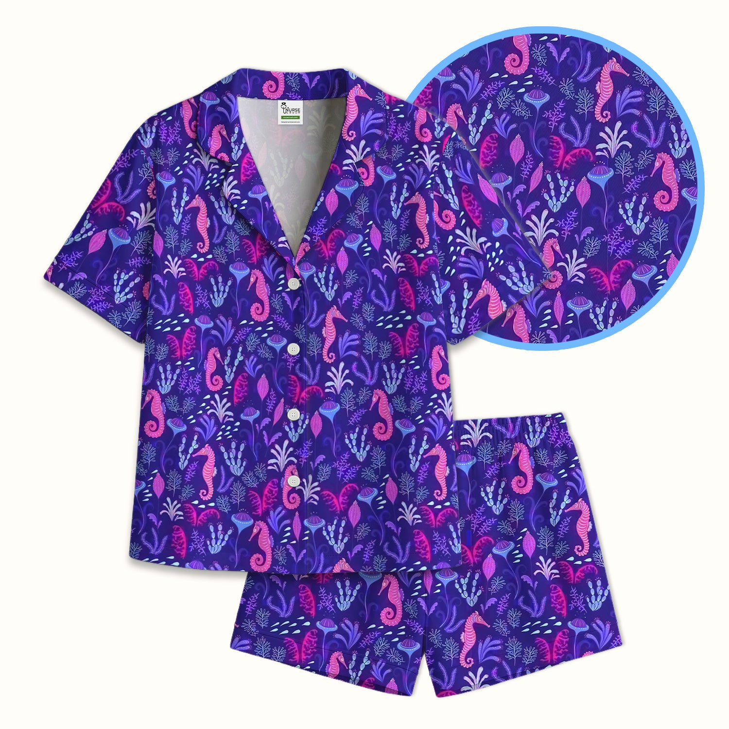 Purple Seahorse Ocean Pattern Pajama Set, Soft Breathable Fabric Comfortable Sleepwear