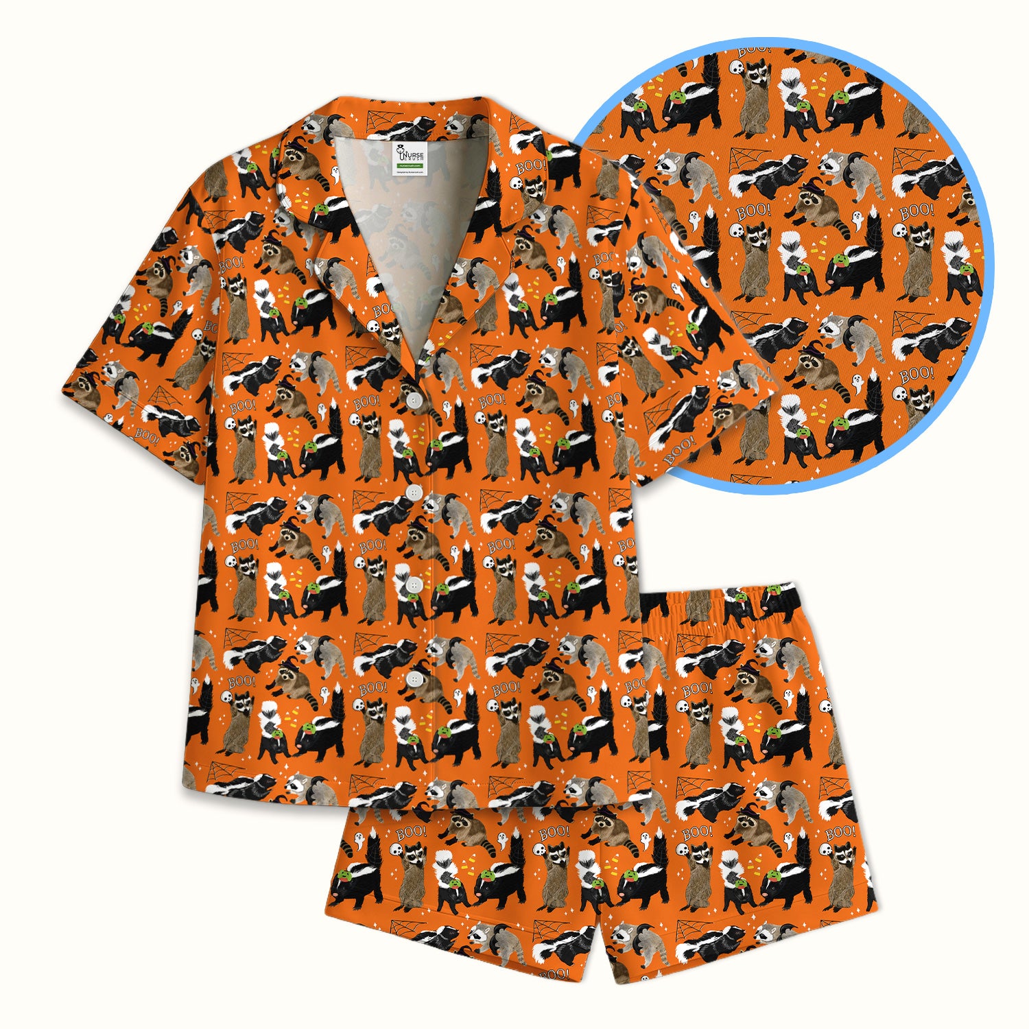 Halloween Wildlife with Skunk Raccoon Pattern Pajama Set, Soft Breathable Fabric Comfortable Sleepwear