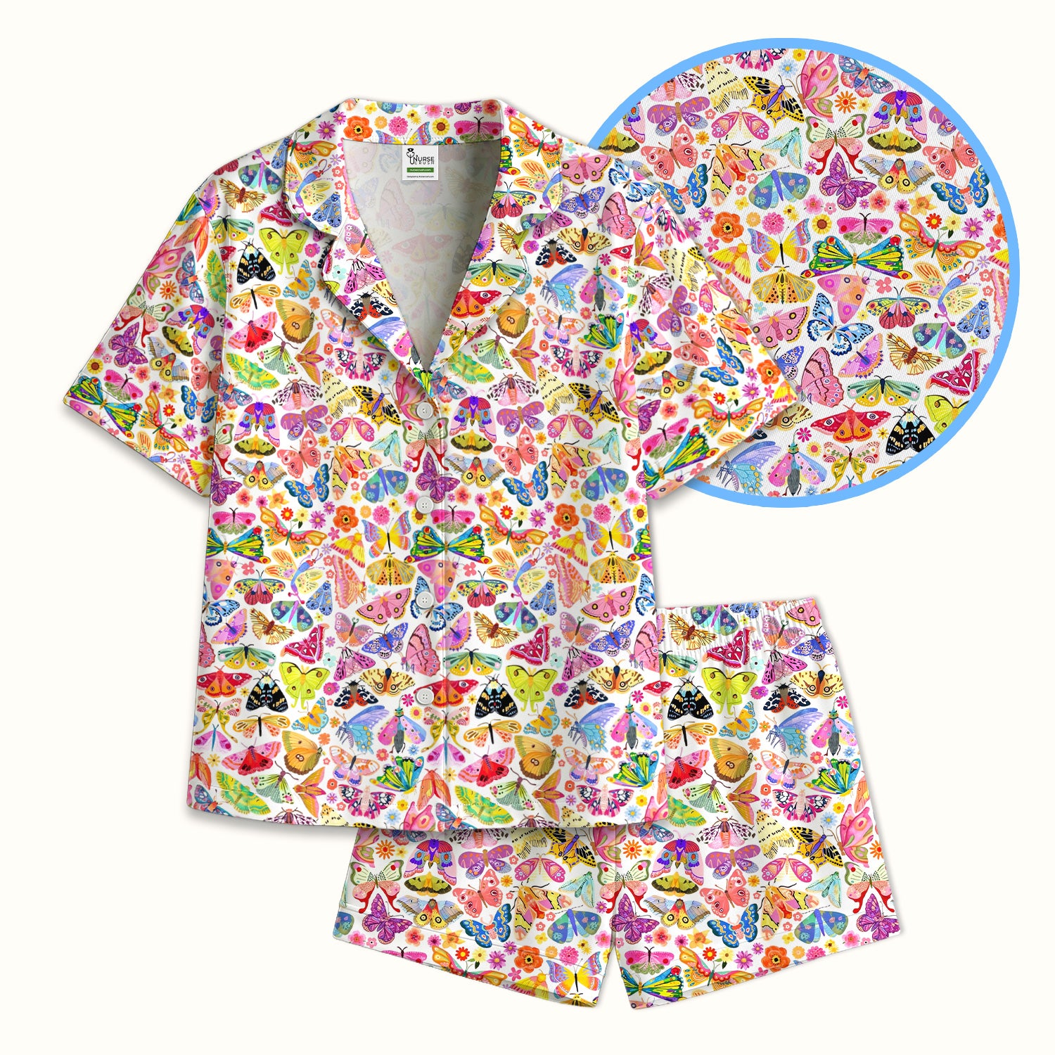 Cute Bright Butterfly Moth Floral Pajama Set, Soft Breathable Fabric Comfortable Sleepwear