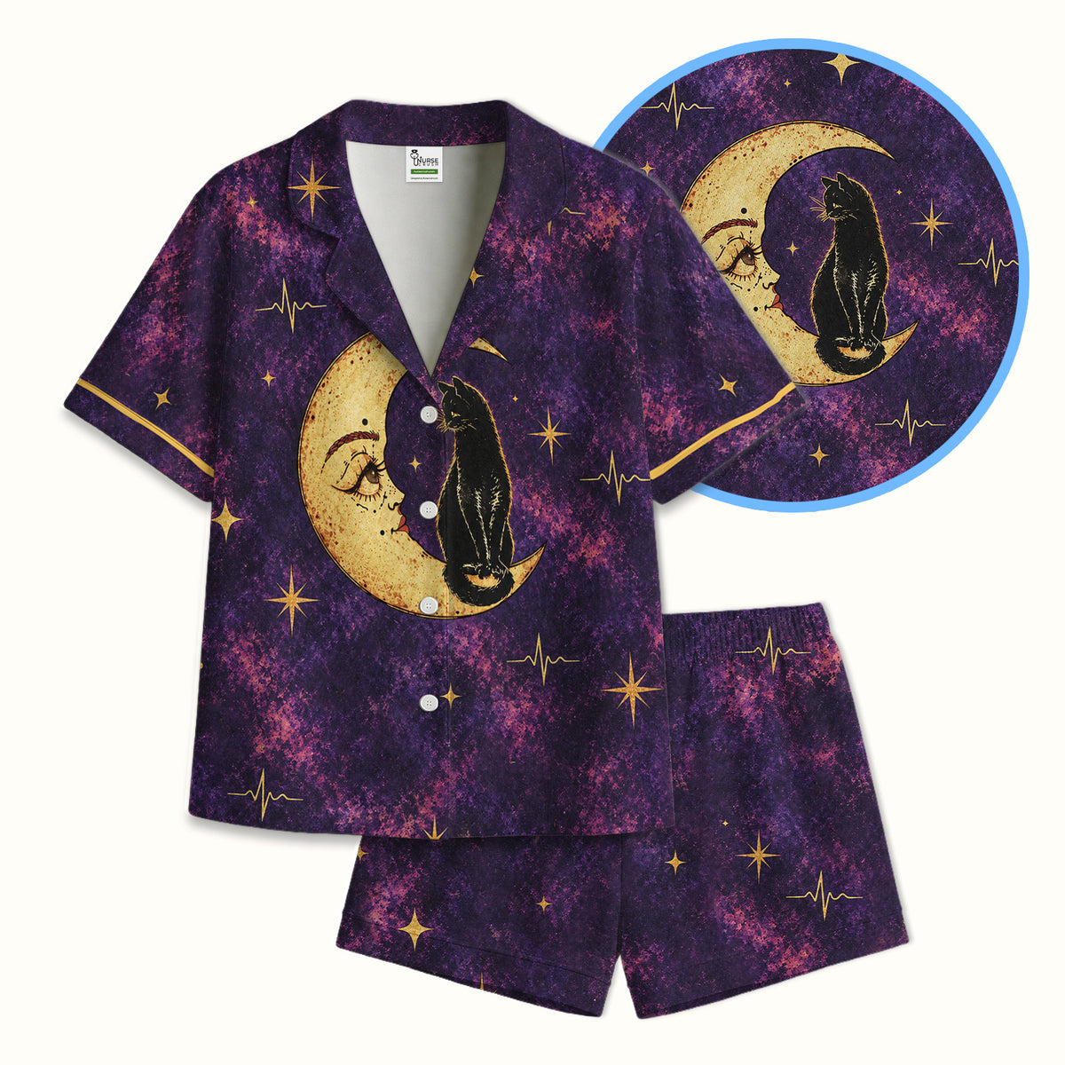Celestial Nurse Black Cat Crescent Moon Pajama Set, Soft Breathable Fabric Comfortable Sleepwear