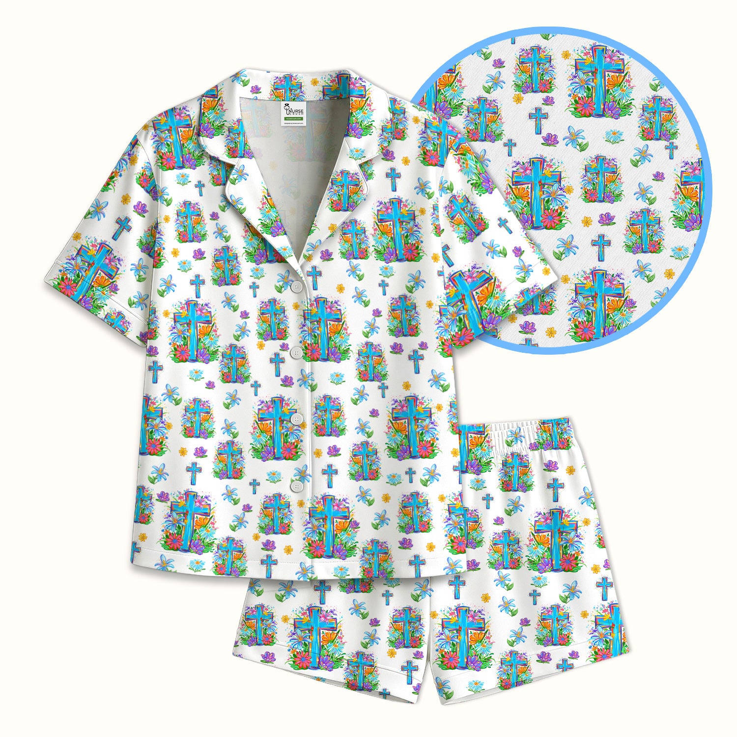 Christian Floral Cross Spring Pattern Pajama Set, Breathable Fabrics Uniform